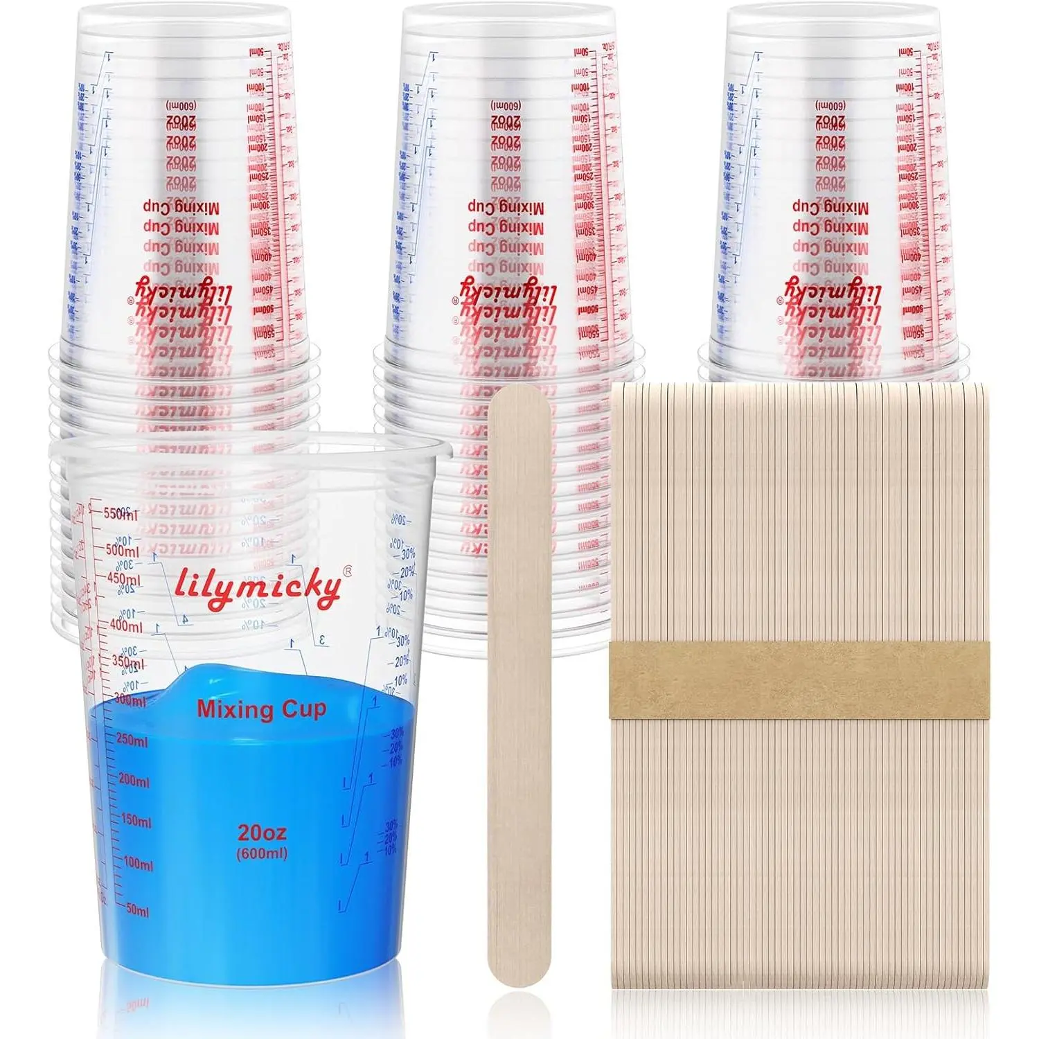 50 Pack Plastic Mixing Cups, 20 oz (600ml), Disposable Measuring Cups with 50 Wooden Mixing Sticks, Measurement ratios: 2:1, 3:1, 4:1, Suitable for Epoxy Resin, Liquid Measuring, and Paint