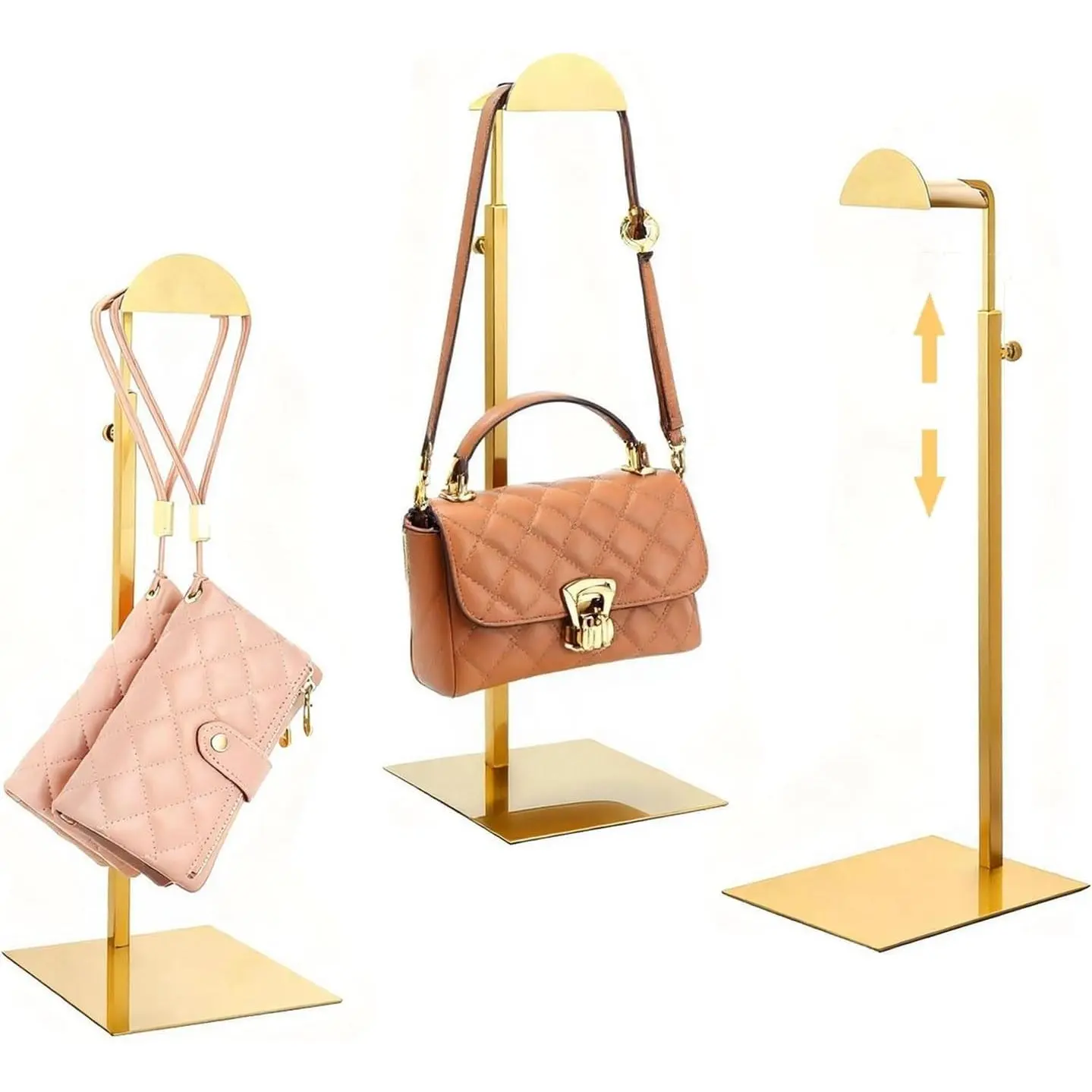 3 Pack Gold Height Adjustable Purse Handbag Display Stand, Stainless Steel Removable Rack with Non-slip Base, Suitable for Commercial Stores & Personal Display