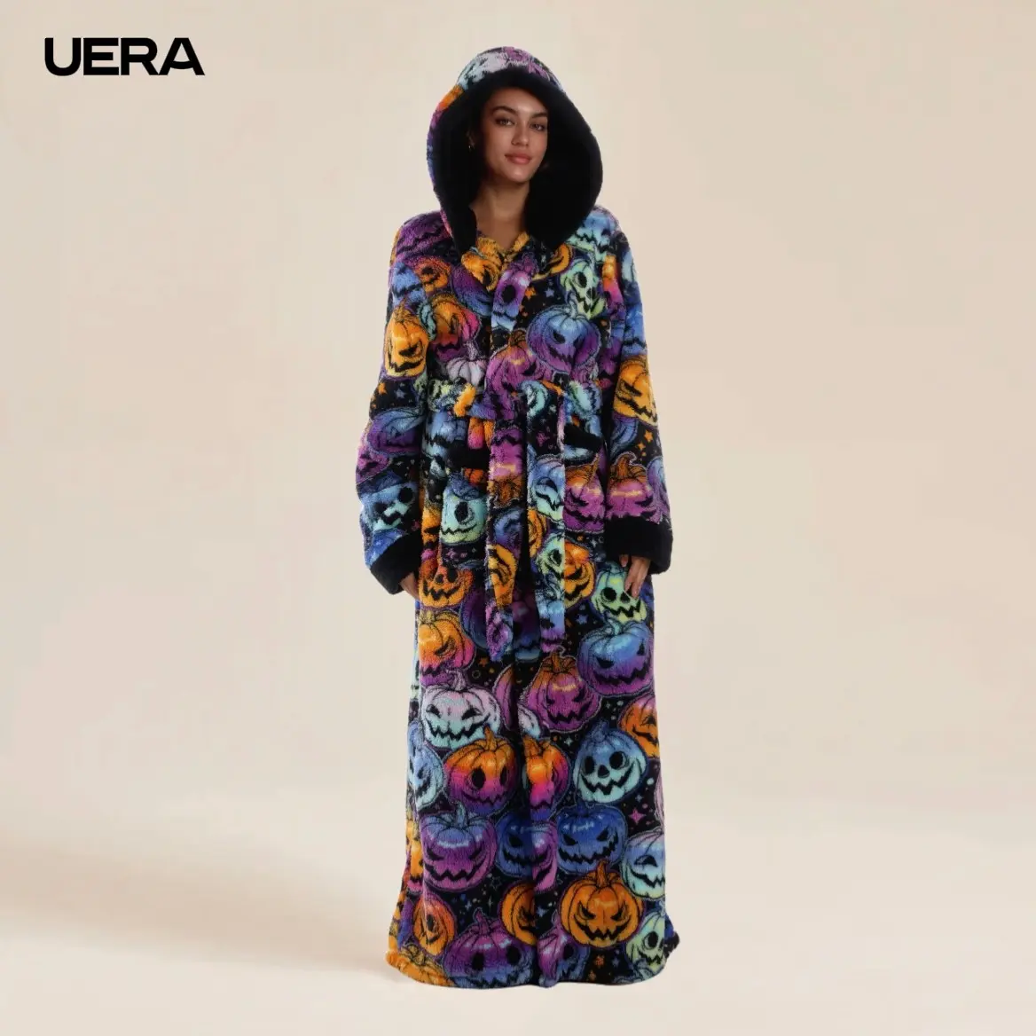Cute Full-Print Bathrobe, Unisex Hooded Bathrobe with Pockets and Belt, Casual Elegant Style, Thick Home Wear, Couples' Bathrobe