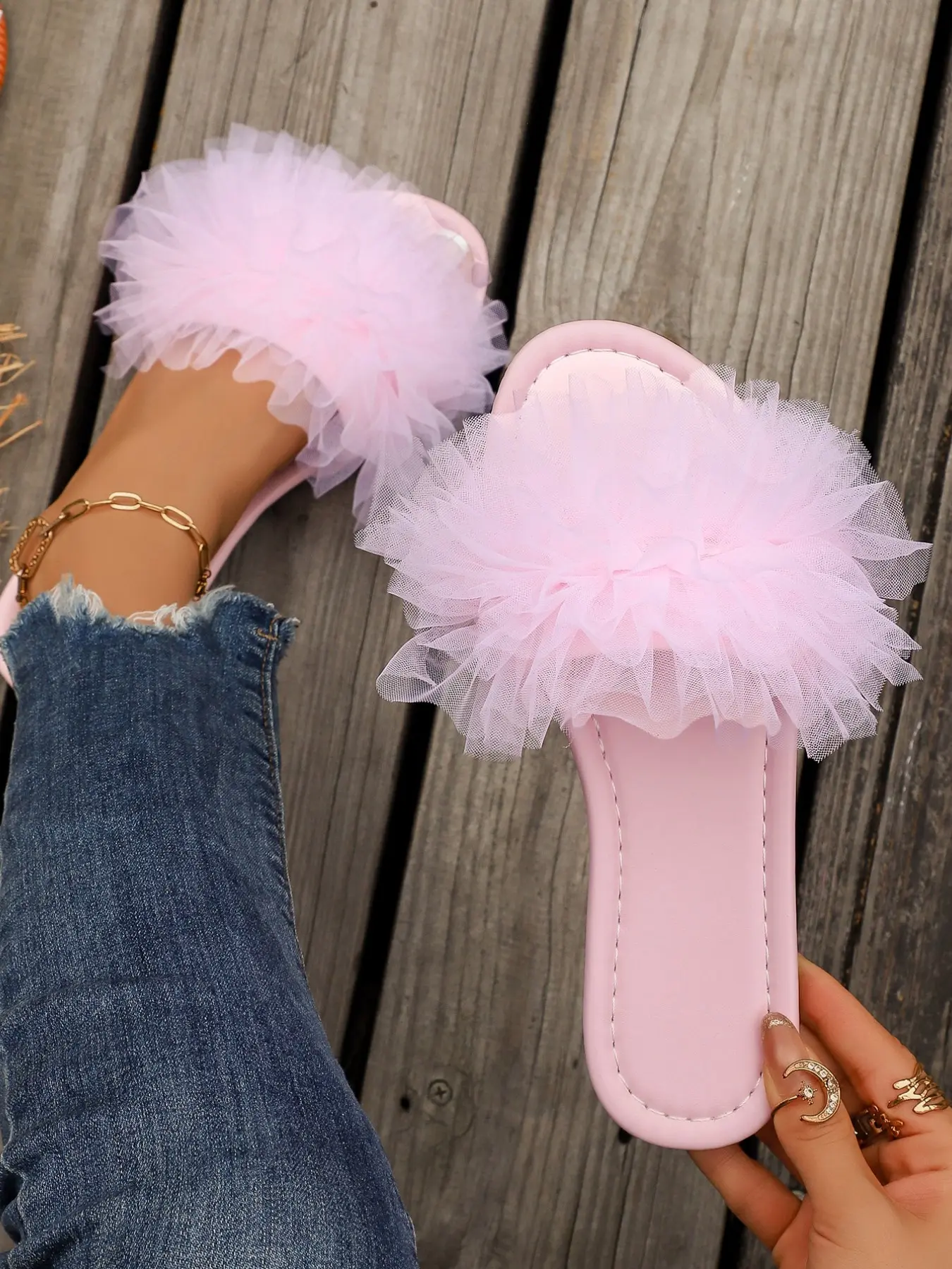 Elegant Mesh Floral Sandals for Women, Flat Lace-Up Open-Toe Slippers, Summer Beach Resort Style, Soft Comfortable Footwear