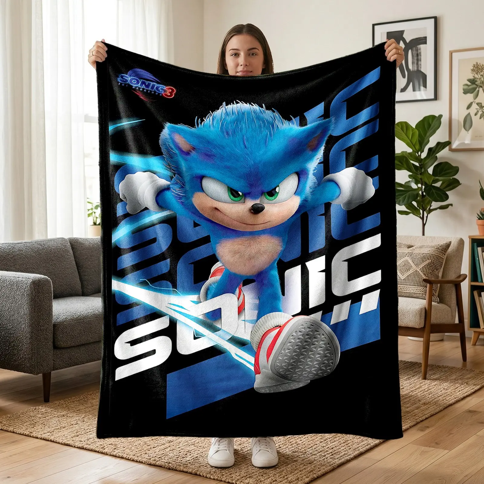 1pc Sonic Series Fleece Blanket, Blue Black Character Racing Neon City All Over Print, Multiple Styles Available. Soft Warm Multi-use Throw for Sofa, Bed, Office, Camping, Ideal Christmas & Birthday Gift.