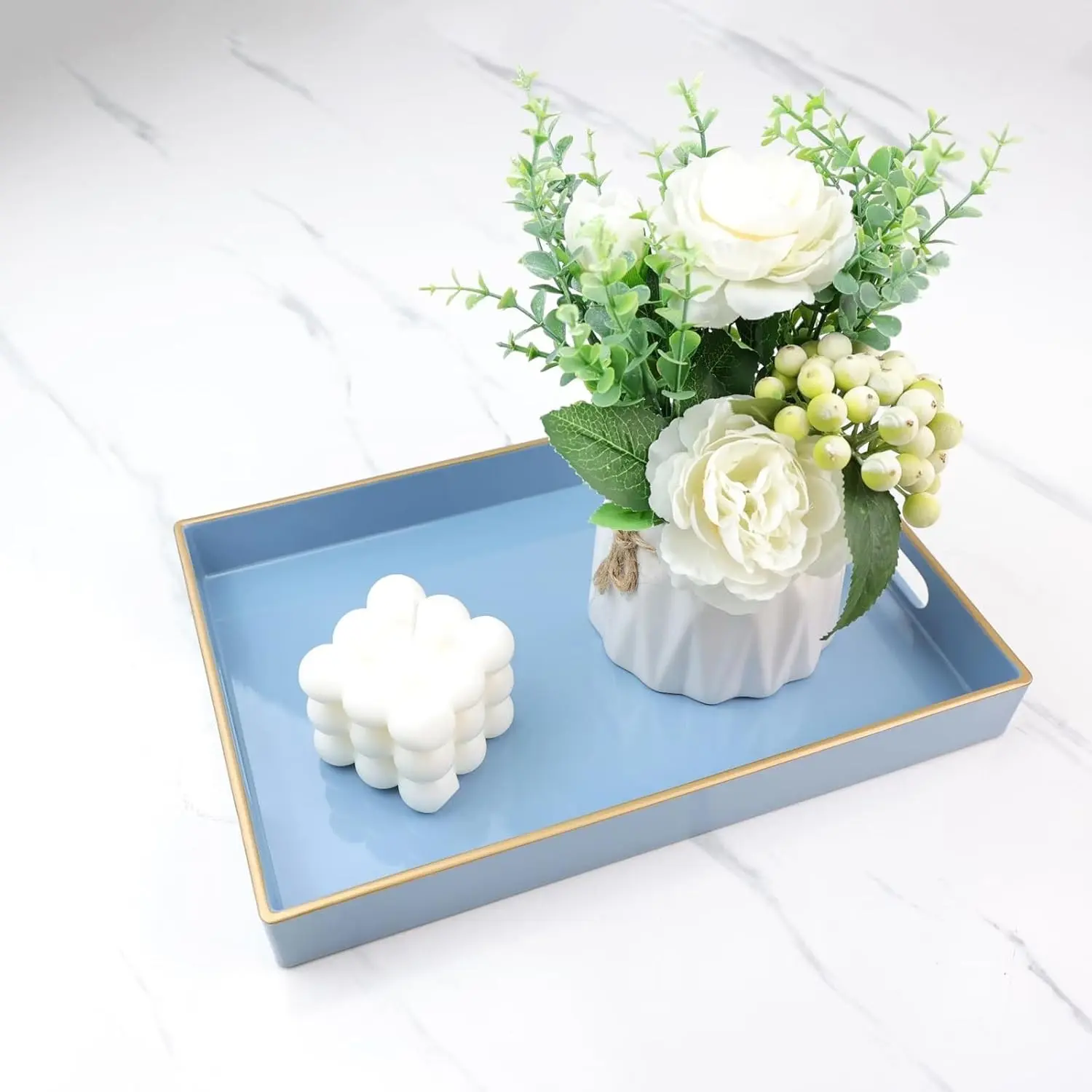 Blue Bathroom Vanity Tray with Handles for Dresser Tops, Countertop, Perfume Decorative Tray, 11.8” * 7.87” *1.37”