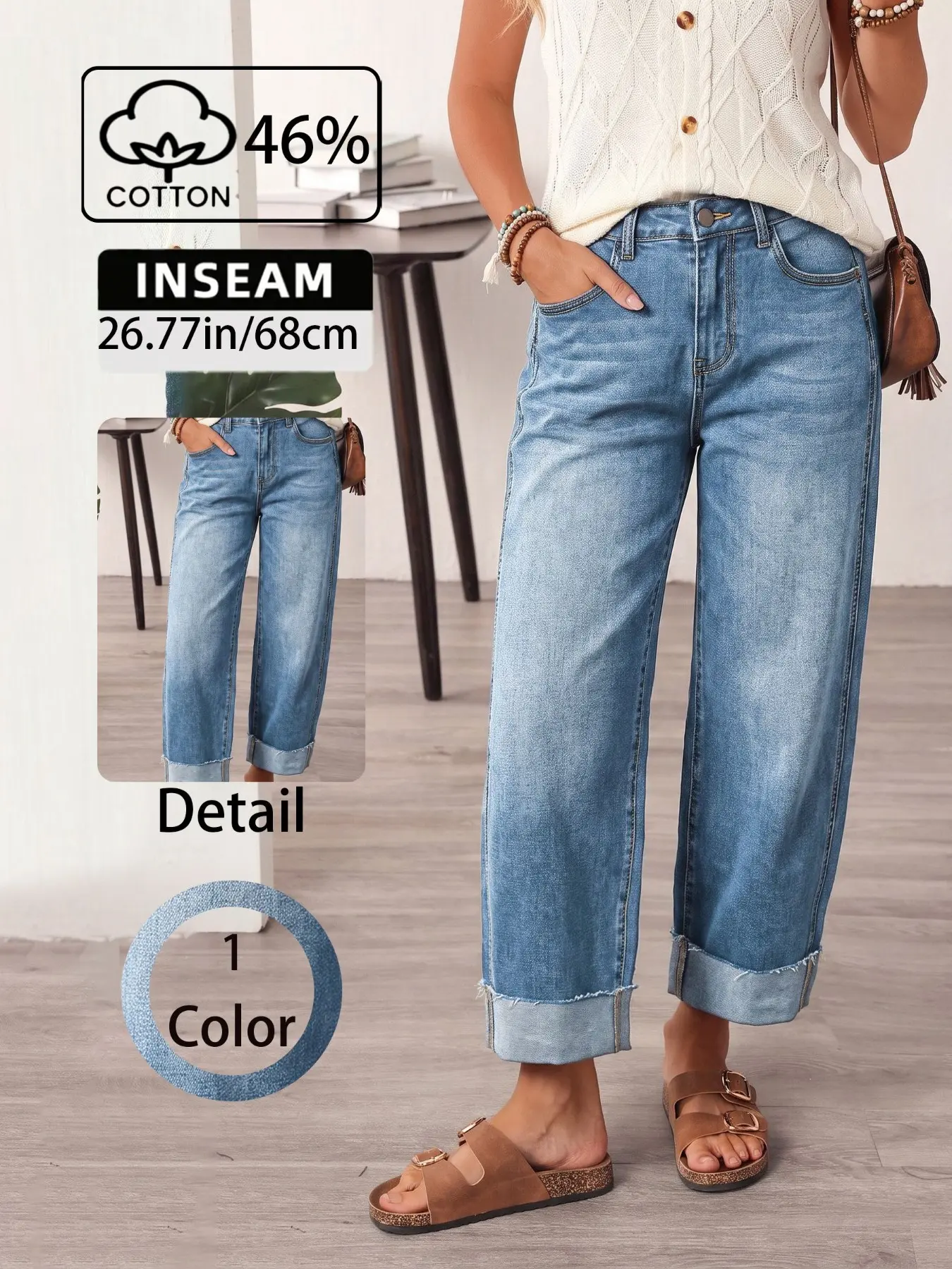 Elegant Chic Women's Mid-Rise Tapered Cropped Jeans, All Seasons Stretchy Denim with Whiskering & Abrasion Wash, Slimming Fit Everyday Pants for Mature Women