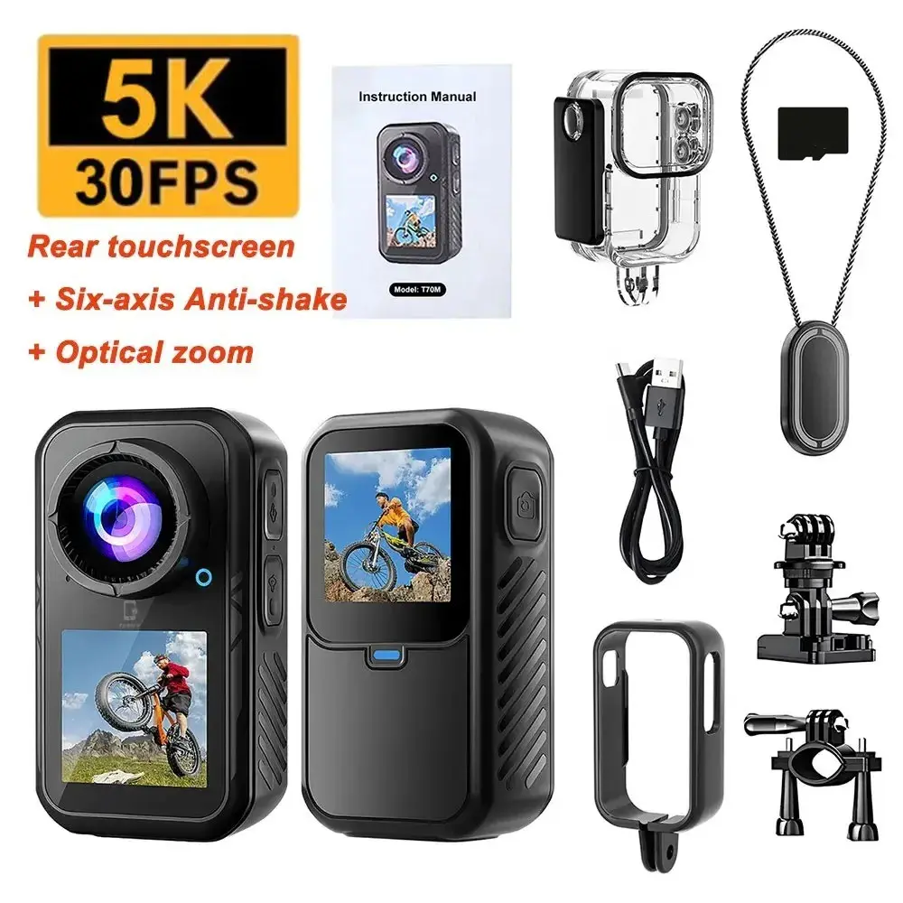5K Mini Thumb Sports Action Camera EIs Ant-shake Stabilzation Dual Touch Screens 5x Digital Zoom Magnetic Waterproof Bodycam Outdoor Pocket Vlog Camera Bicycle Motorcycle Helmet Video Recorder Compact Thumb Camera