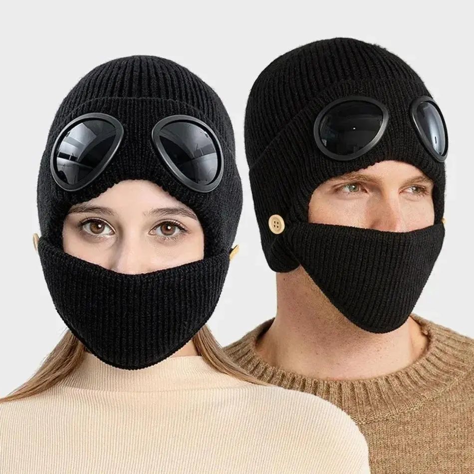 Cozy Fleece-Lined Aviator Knit Hat with Goggles & Face Mask for Women and Men - Thick Windproof Pilot Beanie Cap with Ear Protection, Thermal Wool Blend Cold Weather Gear, Perfect for Winter Cycling, Skiing & Holiday Gift