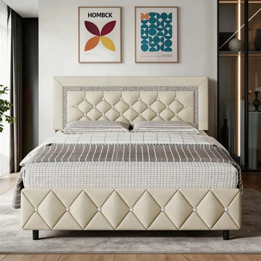 Diamond Tufted PU Leather French-Luxe Upholstered Platform Bed Frame, with Headboard & Footboard, No Box Spring Needed, Easy Setup, Multi-Size (Twin, Full, Queen, King) & Multi-Color Options for Bedroom