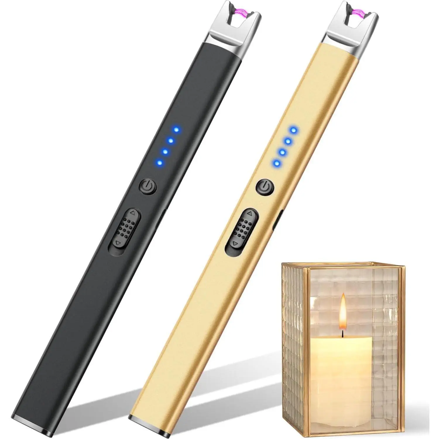 2 Pack Candle Lighter USB Rechargeable Electric Plasma Arc Lighters with Safety Lock, Windproof Flameless Lighters Long Stem Matches for Candle, Grill, BBQ, Camping, Gas Stoves (Black, Gold)