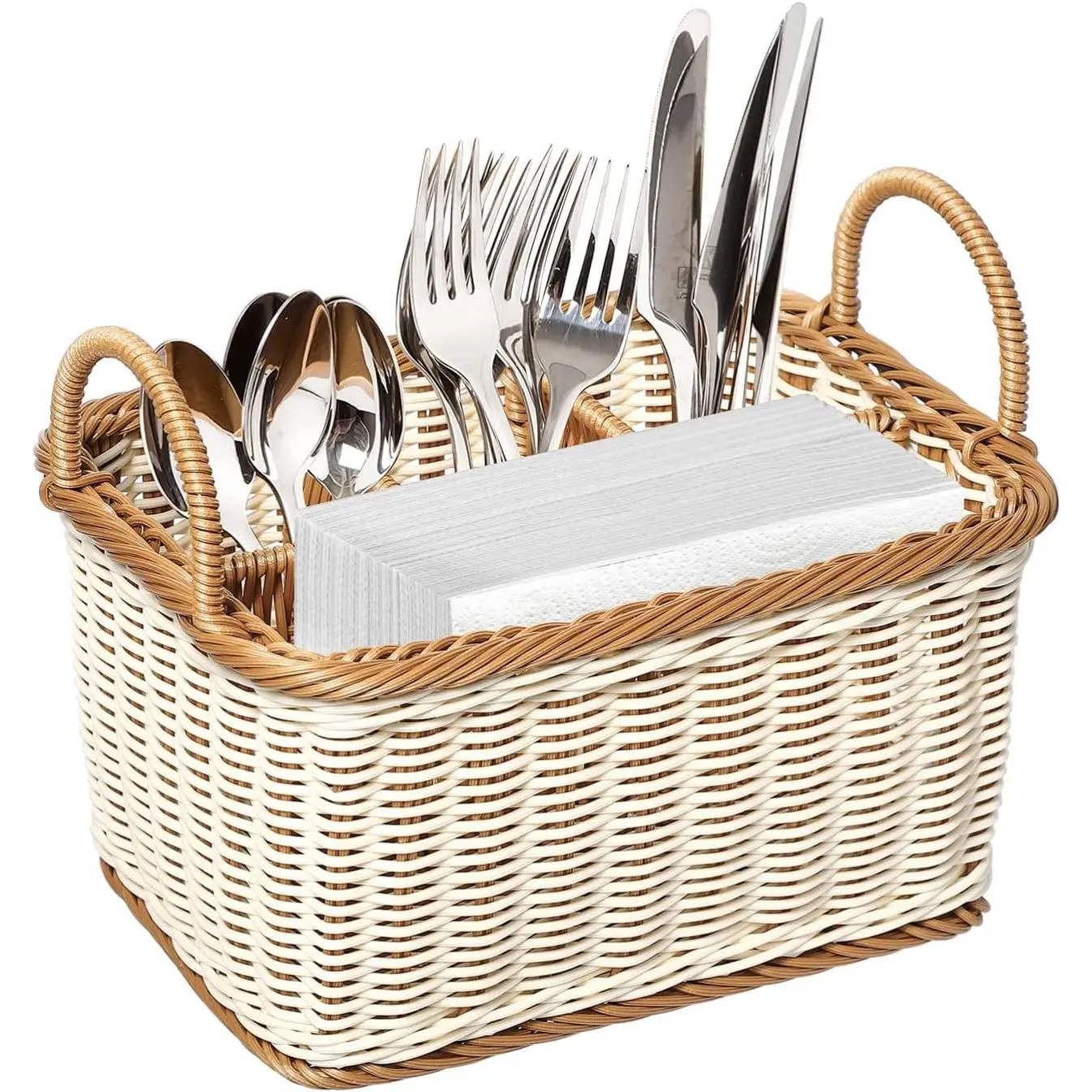 Silverware Caddy Woven Basket Cutlery Holder, Napkin and Utensil Picnic Basket Silverware Organizer Utensil Holder for Kitchen Countertop with Handle