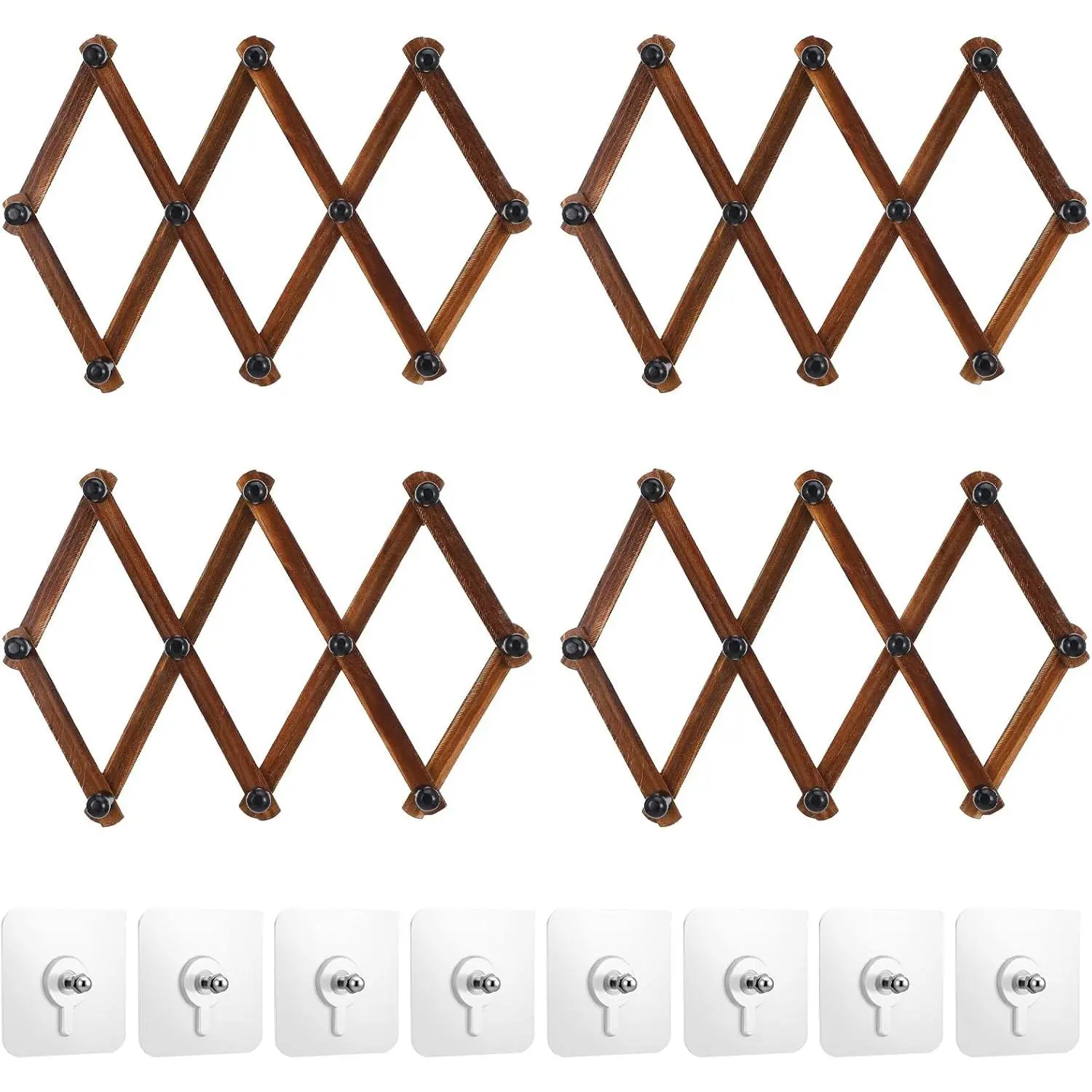 4 Pcs Expandable X-Shape Wooden Accordion Wall Hanger Set - Mountable Farmhouse Rustic Decor with 8 Peg Hooks for Hat Storage, Coats, Scarves, Purses, X-Shaped