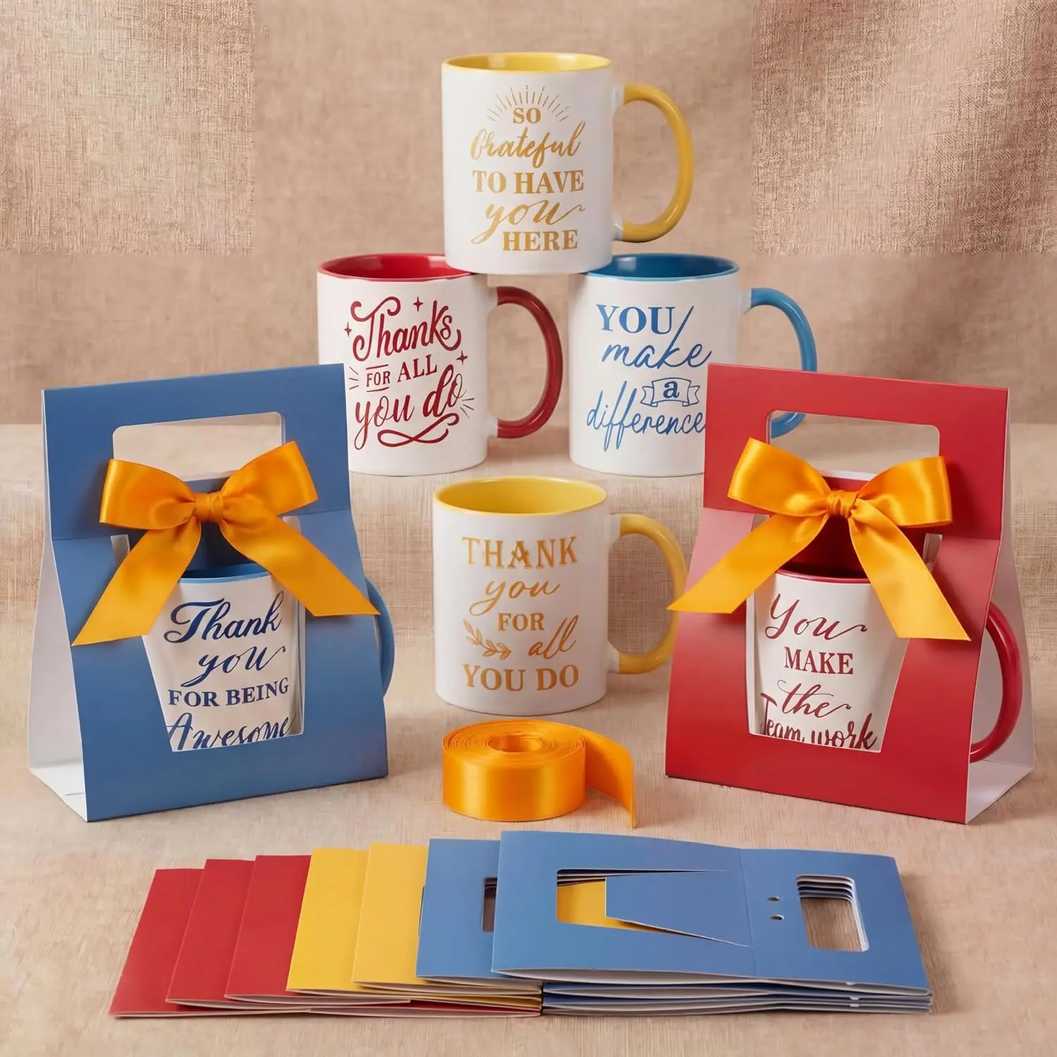 6 Sets Employee Appreciation Gifts 12 oz Thank You Mug with Mug Boxes Ribbon Inspirational Appreciation Ceramic Coffee Cup for Birthday Housekeeping Week Coworker Staff Team