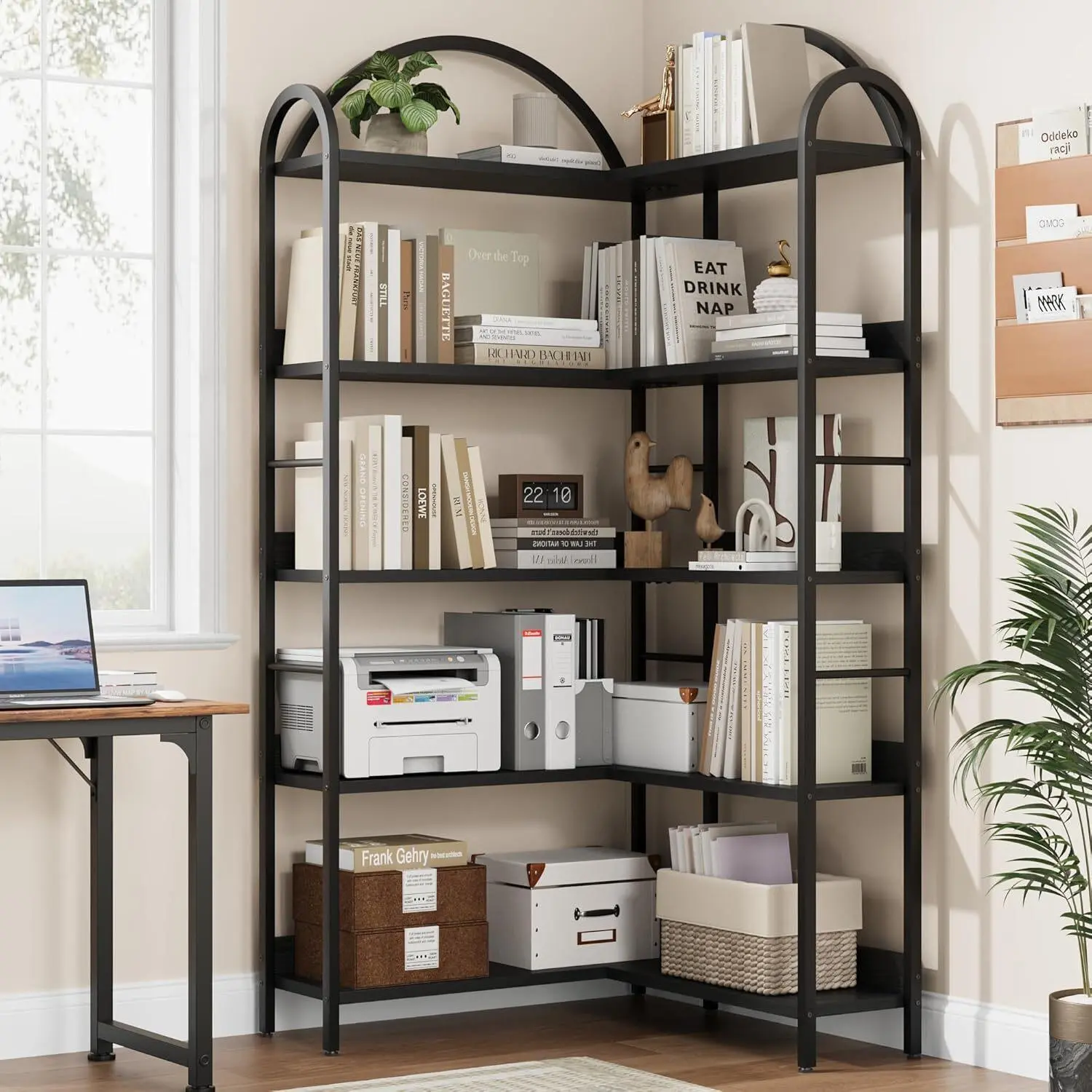 GARVEE Black 5-Tier Arched Wall Corner Bookshelf - 68.5" Tall L-Shaped Industrial Look Shelf with Metal Frame, Adjustable Legs, Anti-Tip Design, Quick Setup, Modern Design Style, Indoor Storage for Living Room, Bedroom, Assembly Required