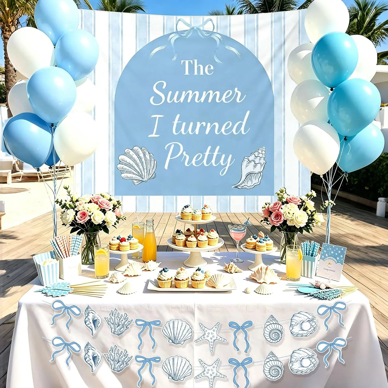 The Summer I Turned Pretty Party Decorations Beach Coastal Backdrop Banner | The Summer I Turned Pretty Backdrop Balloons Beach Coastal Bachelorette Decor Seashell Banner Hello Summer Party Supplies