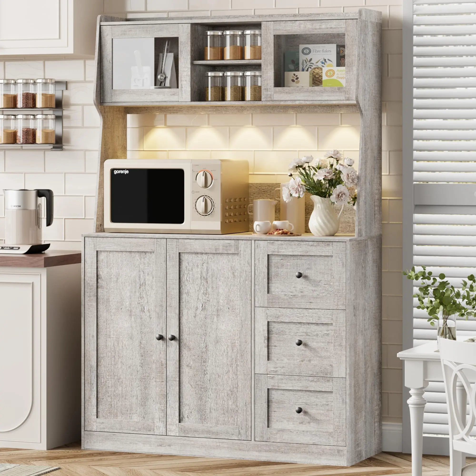 67" Tall Farmhouse Kitchen Hutch Storage Cabinet - Sturdy Freestanding Pantry with LED Lights, 3 Drawers, Countertop, Microwave Stand, Clever Storage & Adjustable Shelves for Living, Dining Room (Grey)