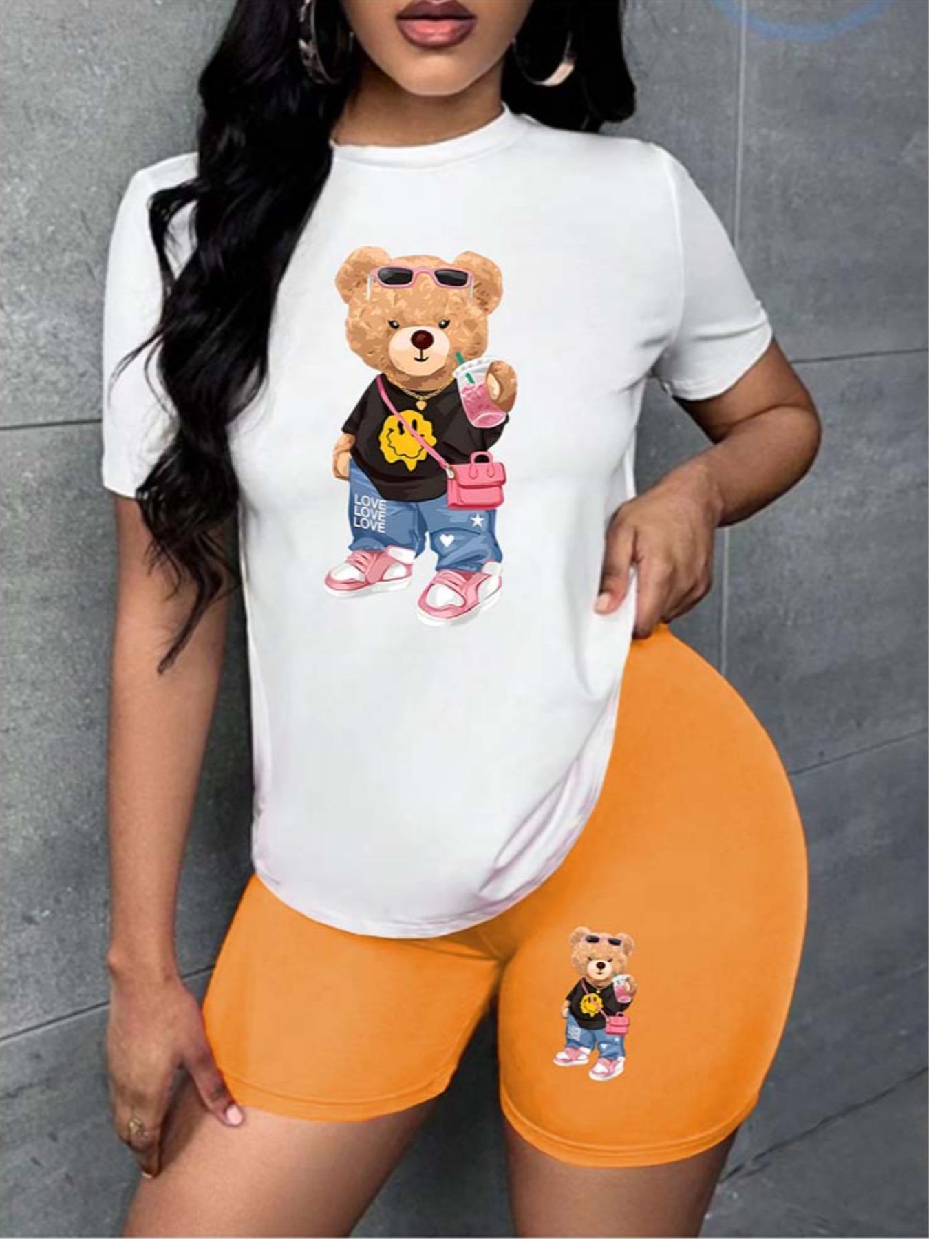 Two-Piece Set Women's Cartoon Bear Print Short Sleeve T-shirt & Skinny Shorts Set, Round Neck Tee & Shorts for Summer, Lady Outfits for Daily Wear