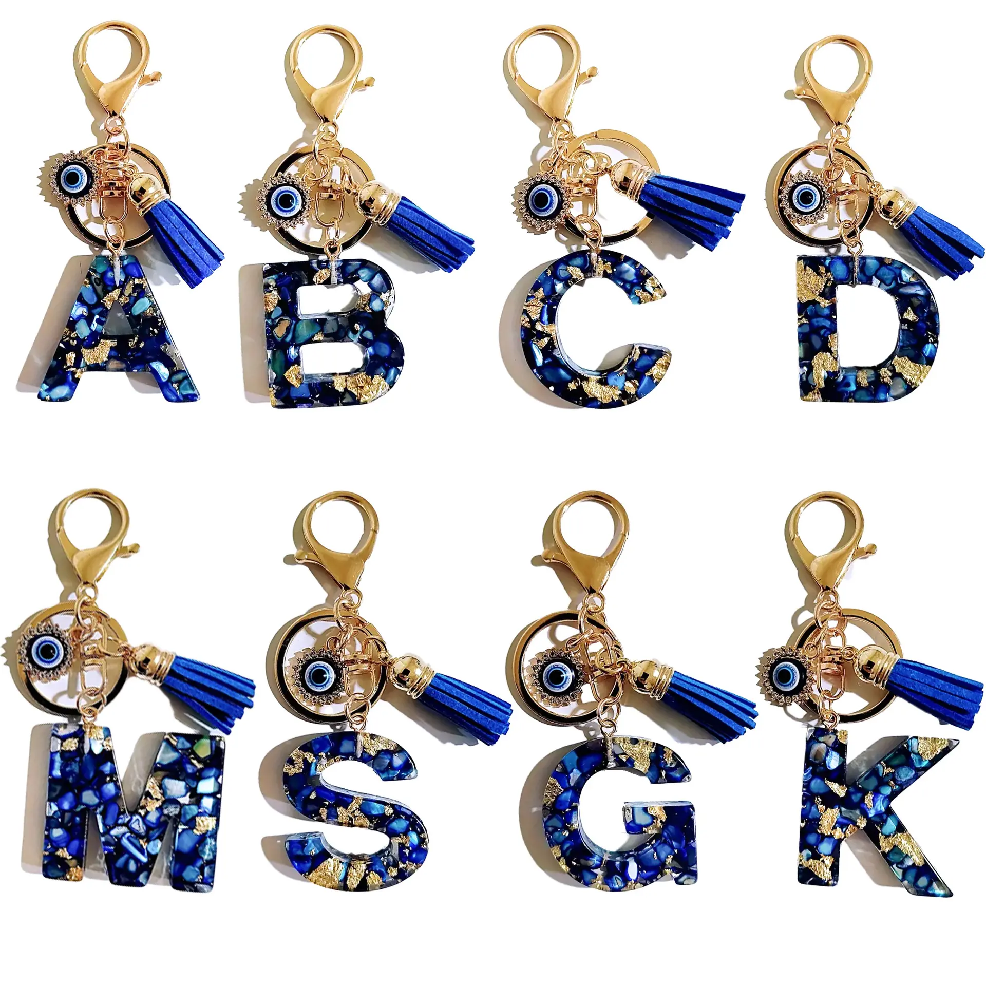 Unisex Blue Evil Eye Letter Tassel Keychain, Resin Bag Charm Pendant, Fashion Bag Accessories for Sports & Outdoor Sun Protective Gear