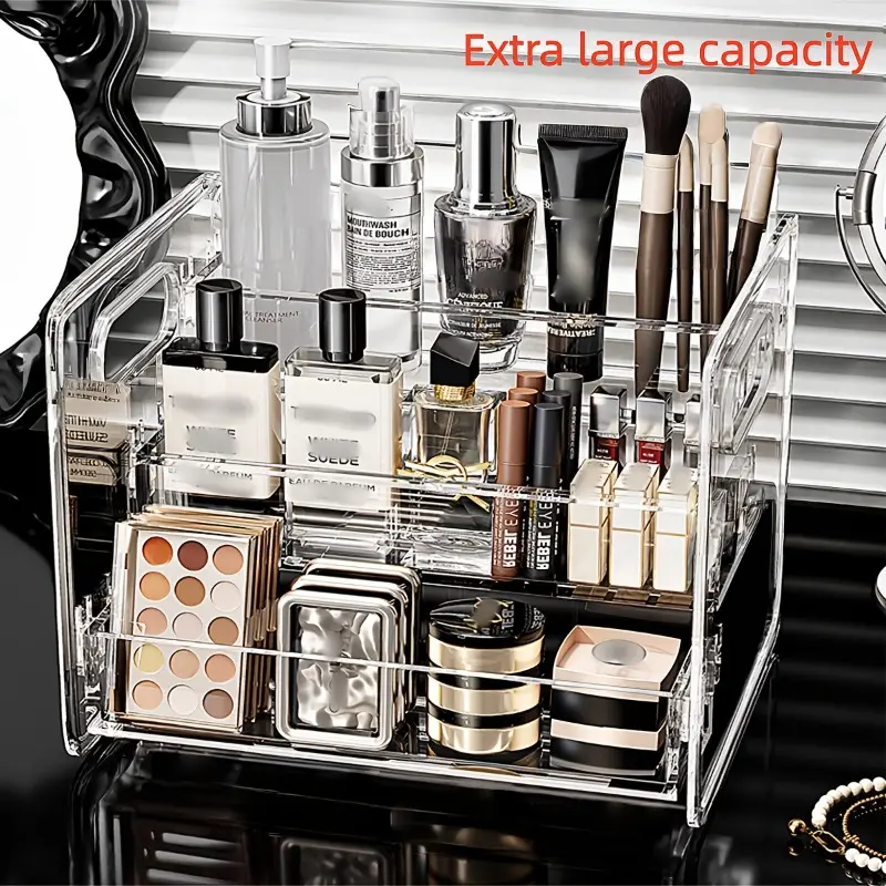 Three-layer large-capacity cosmetic display rack, acrylic transparent material, layered design can store lipstick, eye cream, air cushion, lotion, makeup brush, etc., with handle, easy to take, essential cosmetic storage tools for bedrooms