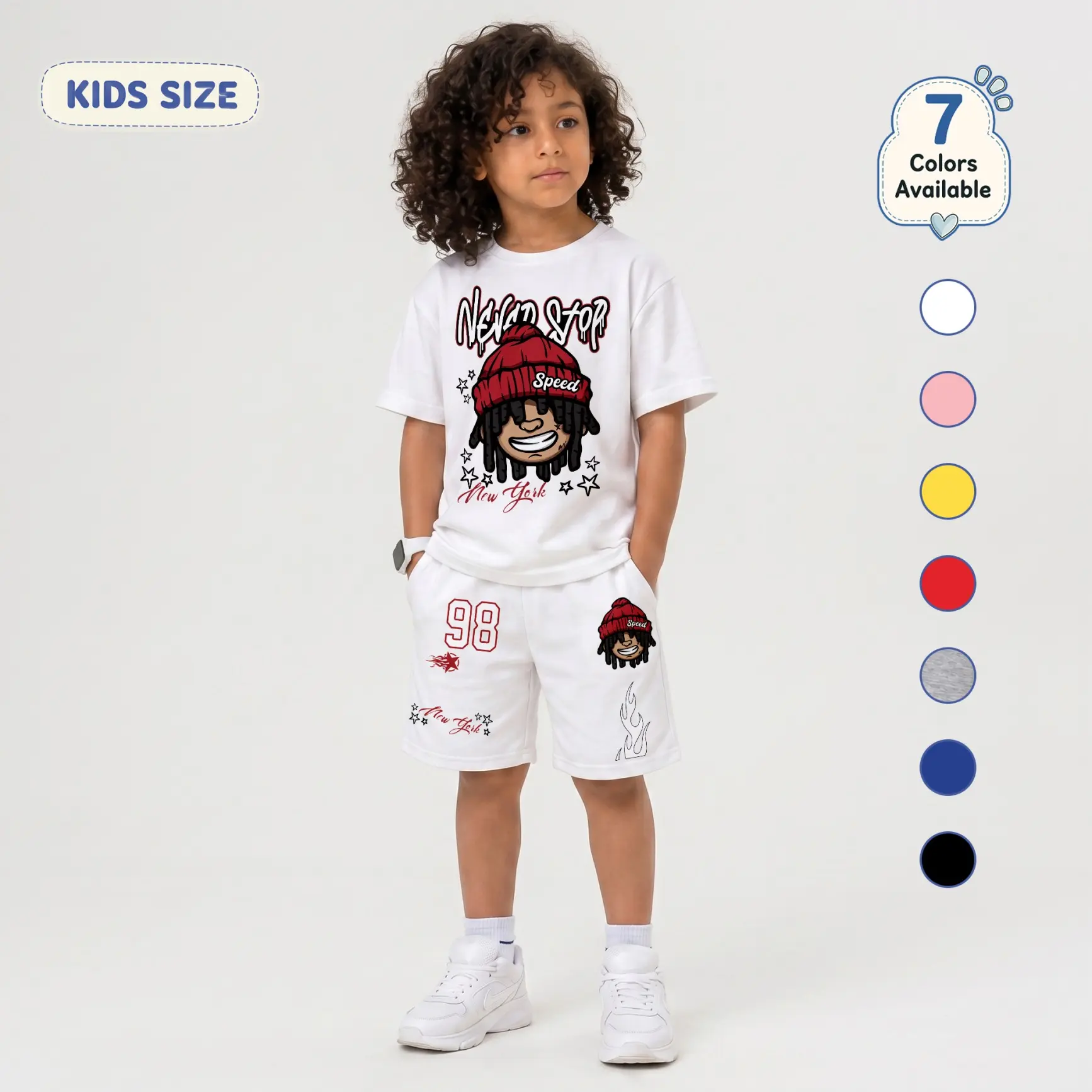 Boys’ New York Cartoon Character Graphic T-Shirt and Shorts Set, Trendy Hip-Hop Streetwear Two-Piece Summer Outfit with Number 98 and Flame Prints for School, Travel, Vacation and Daily Play