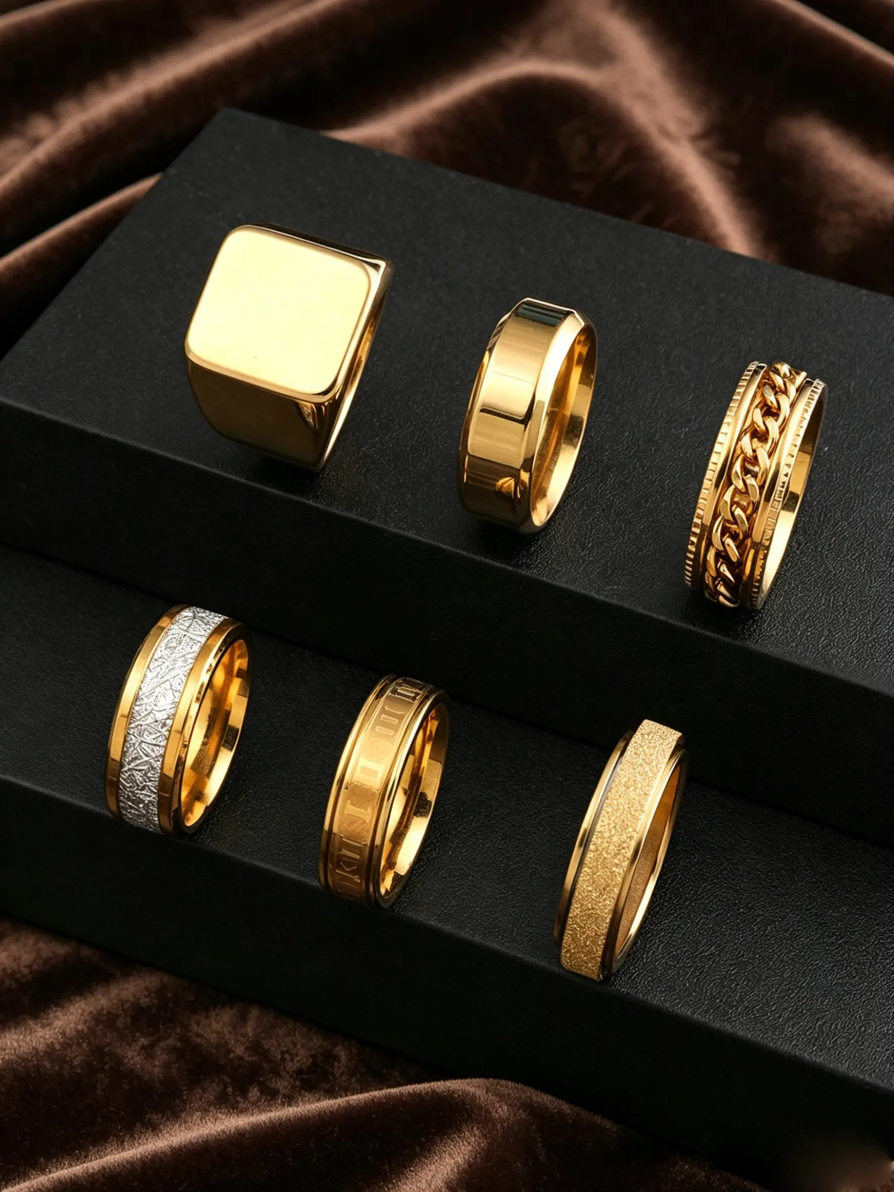 6PCS Stainless Steel Band Rings Blank Square Signet Twist Chain Sand Brushed Textured Wide Finger Rings Unisex Noble Elegant Fashion Pretty Stackable Jewelry Suitable For Daily Life Party Matching Valentine Christmas Birthday Gift Beautiful Rings