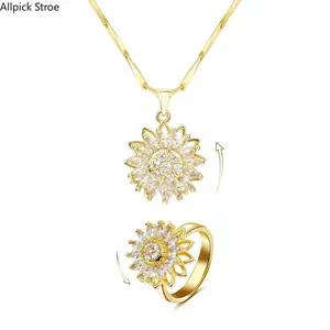 14K Gold Plated Rotating Pendant Necklace & Ring Set for Women, Adjustable Sunflower Fidget for Anxiety, Rhinestone Decor Necklace for Party, Daily Clothing Decor