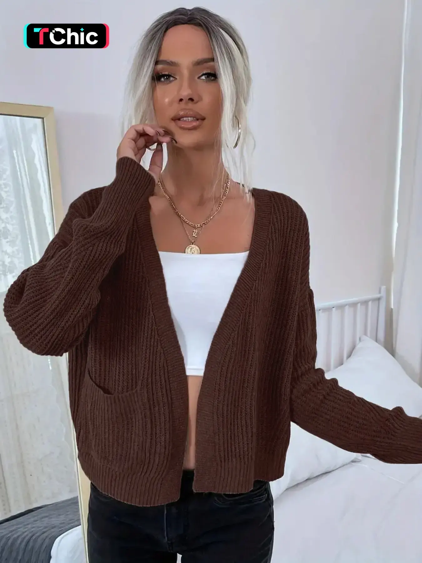 Women's Basic Solid Baggy Drop Shoulder Only One Pocket Open Front Knitting Cardigan, Casual Long Sleeve Knitwear for Spring & Fall, Fashion Women's Knit Clothing for Daily Wear