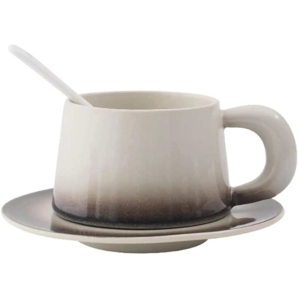 Ceramic Cappuccino Cup and  Set, 8 oz, White with  Gradient, Microwave Safe, with Spoon (coffee)