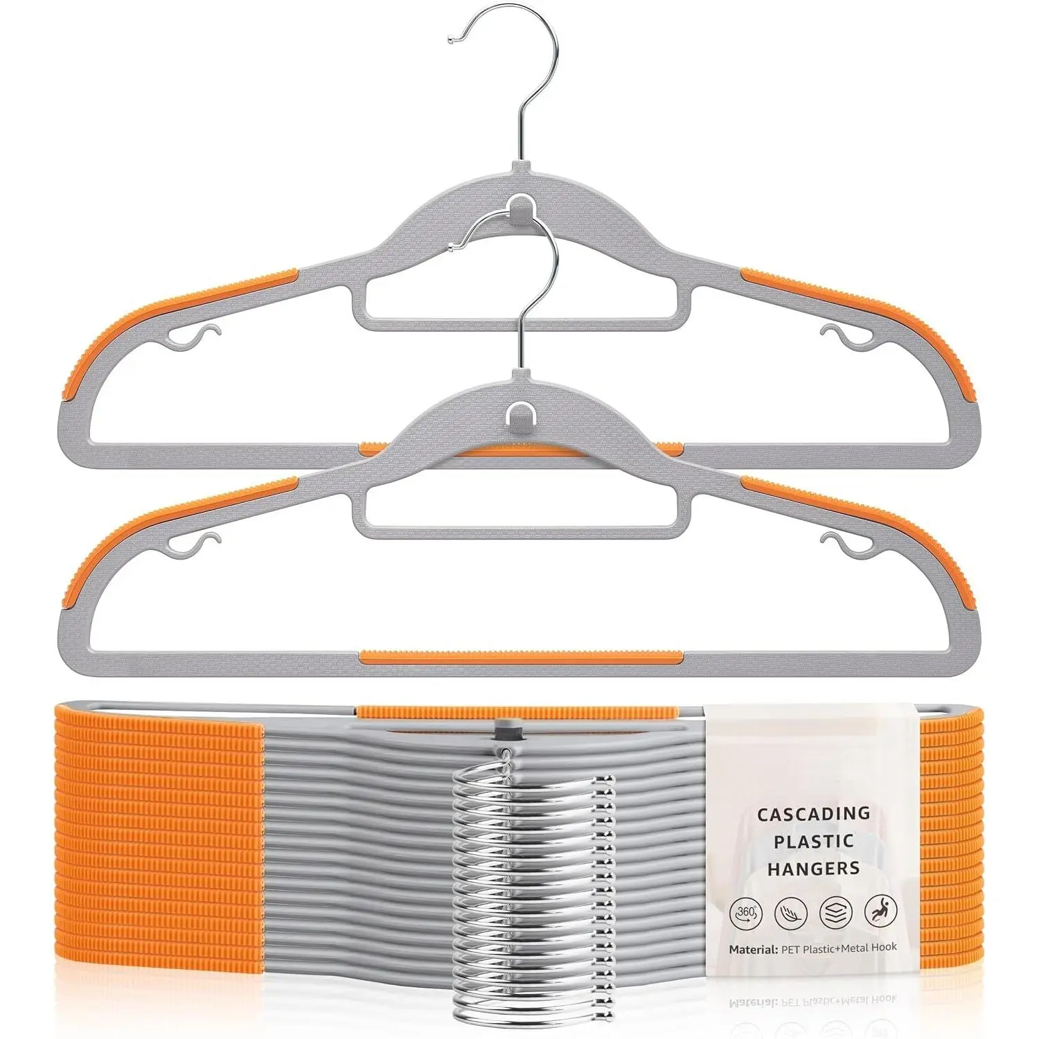Cascading Plastic Clothes Hangers 10 Pack with Inner Hook for Vertical Storage, Slim Space Saving Hangers with Non-Slip Pads, 360° Swivel Metal Hook, Versatile, Gray & Orange