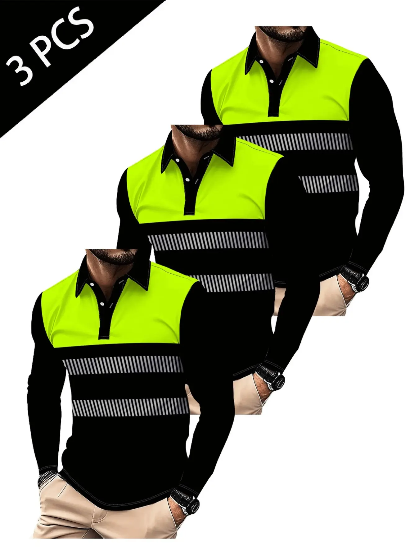 3-Pack Men's Fluorescent Striped Polo Shirts, Long Sleeve Fitted Casual Wear, Business Leisure Top for Spring & Fall, Menswear