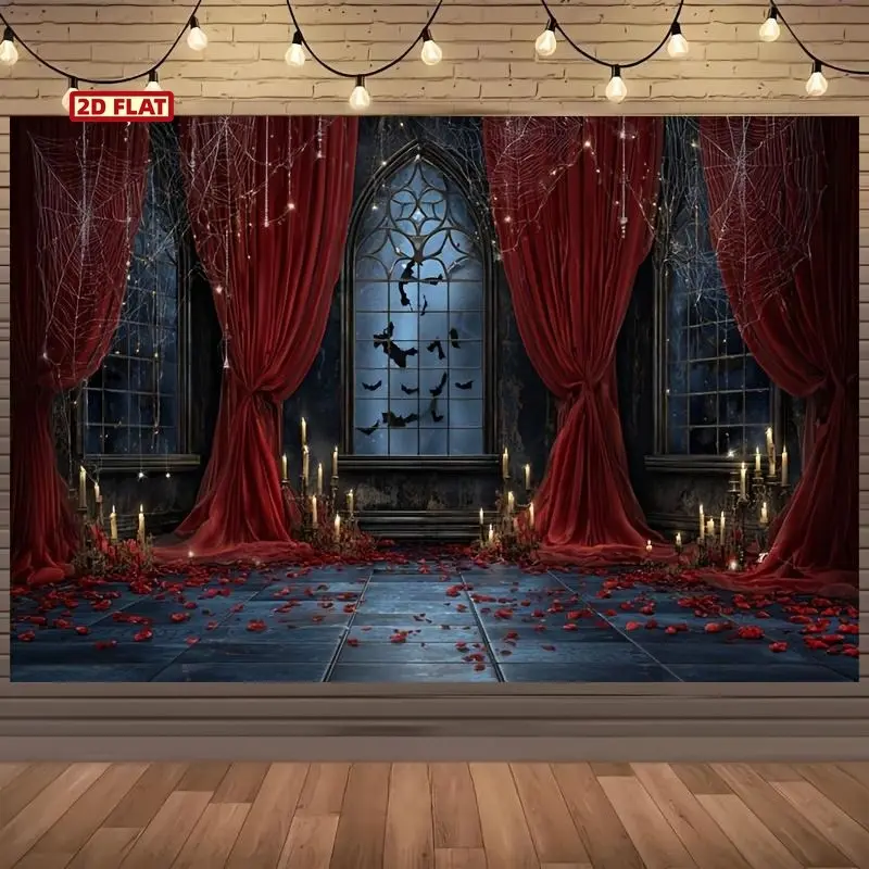 Gothic Theme Vampire Castle Halloween Backdrop Tapestry - Lightweight Polyester Fiber Print with Red Curtains, Flying Bats, Haunted Castle Scene - Multi-Size for Halloween Party Decor, Photography Props, Halloween Parties