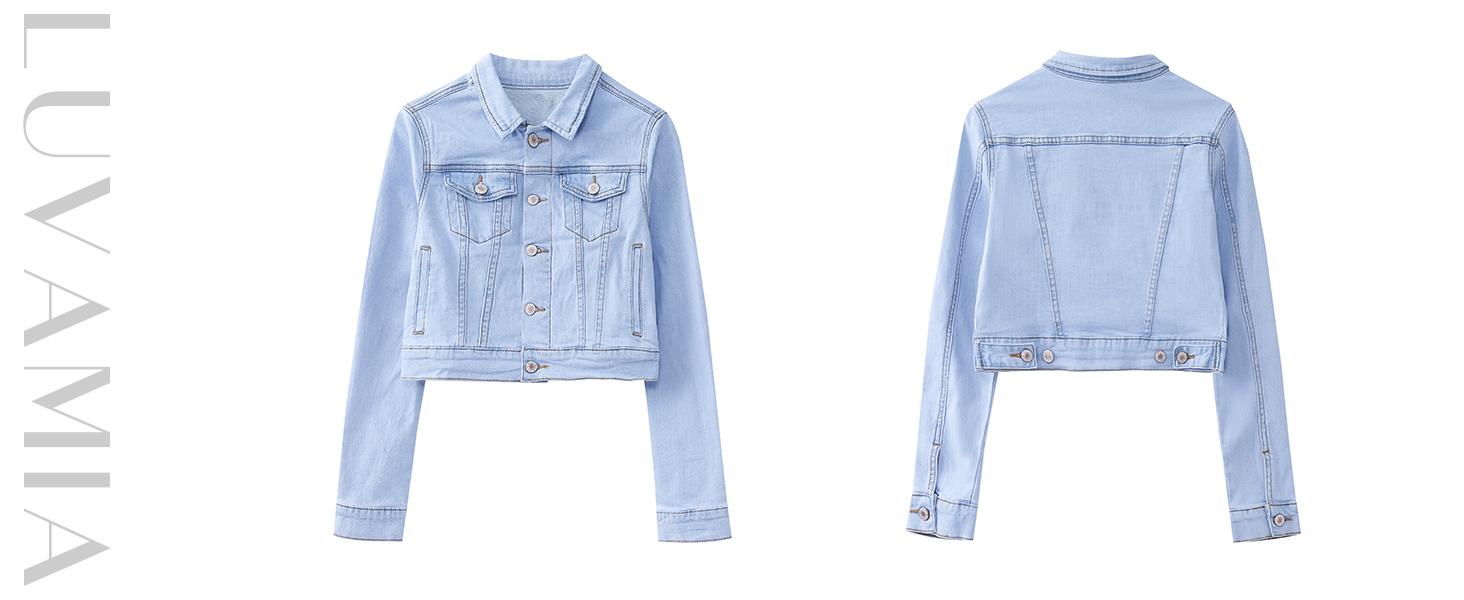 Luvamia Cropped Jean Jackets for Women Fashion Short Denim Shacket Jacket Lightweight Fitted Stretchy with Pockets Casual Long Sleeve Outerwear