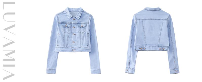 Luvamia Cropped Jean Jackets for Women Fashion Short Denim Shacket Jacket Lightweight Fitted Stretchy with Pockets Casual Long Sleeve Outerwear