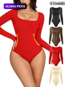 Women's Solid Square Neck Long Sleeve Shapewear Bodysuit, Casual Comfy Tummy Control Shaper for Daily Wear, Ladies Shapewear for All Seasons, Body Sculpting Garment