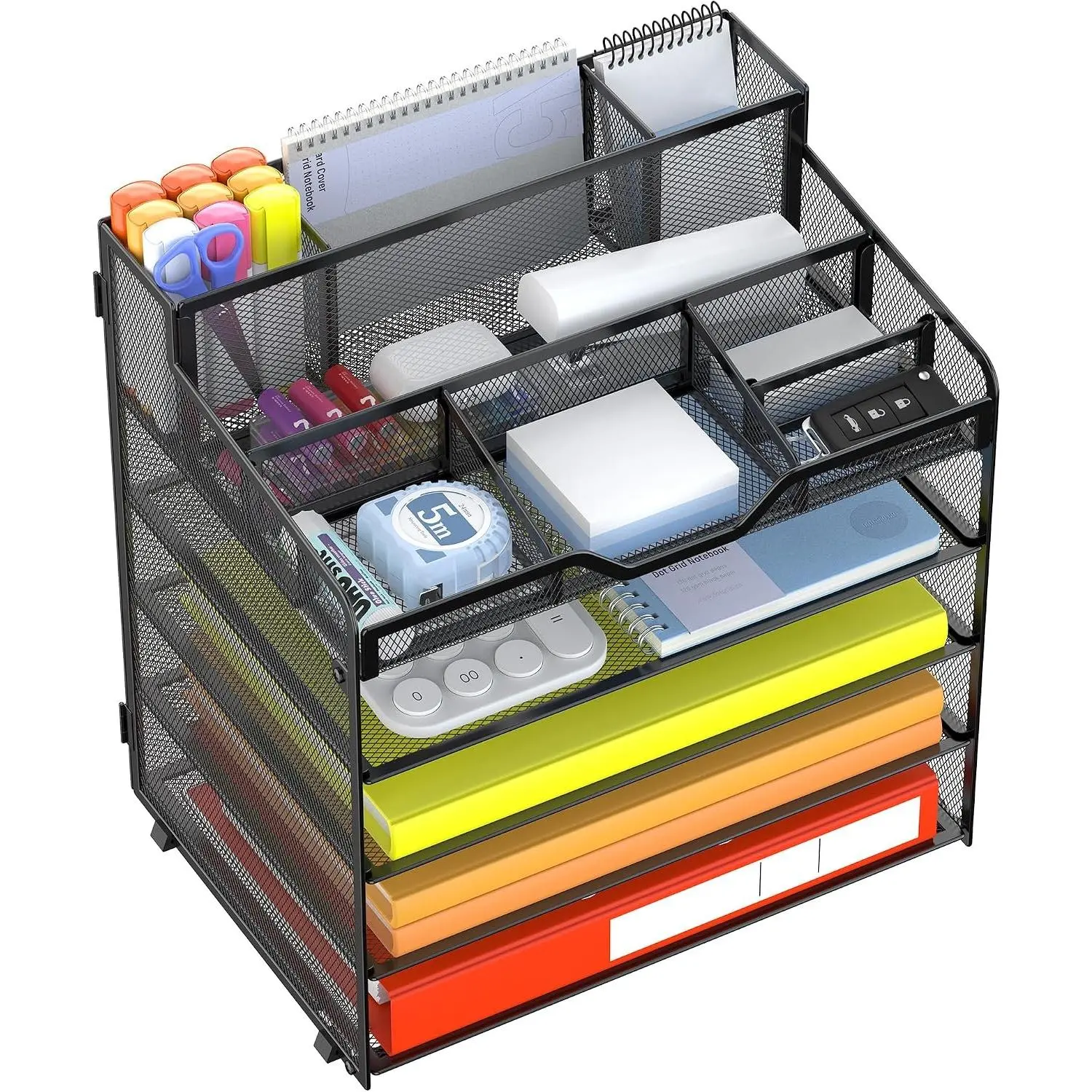 5-Tier Mesh Desk Organizer with Letter Tray & Paper Sorter, Black - 3 Built-in Pen Holders, 5 Adjustable Top Compartments, 4 Non-Slip Rubber FeetGift