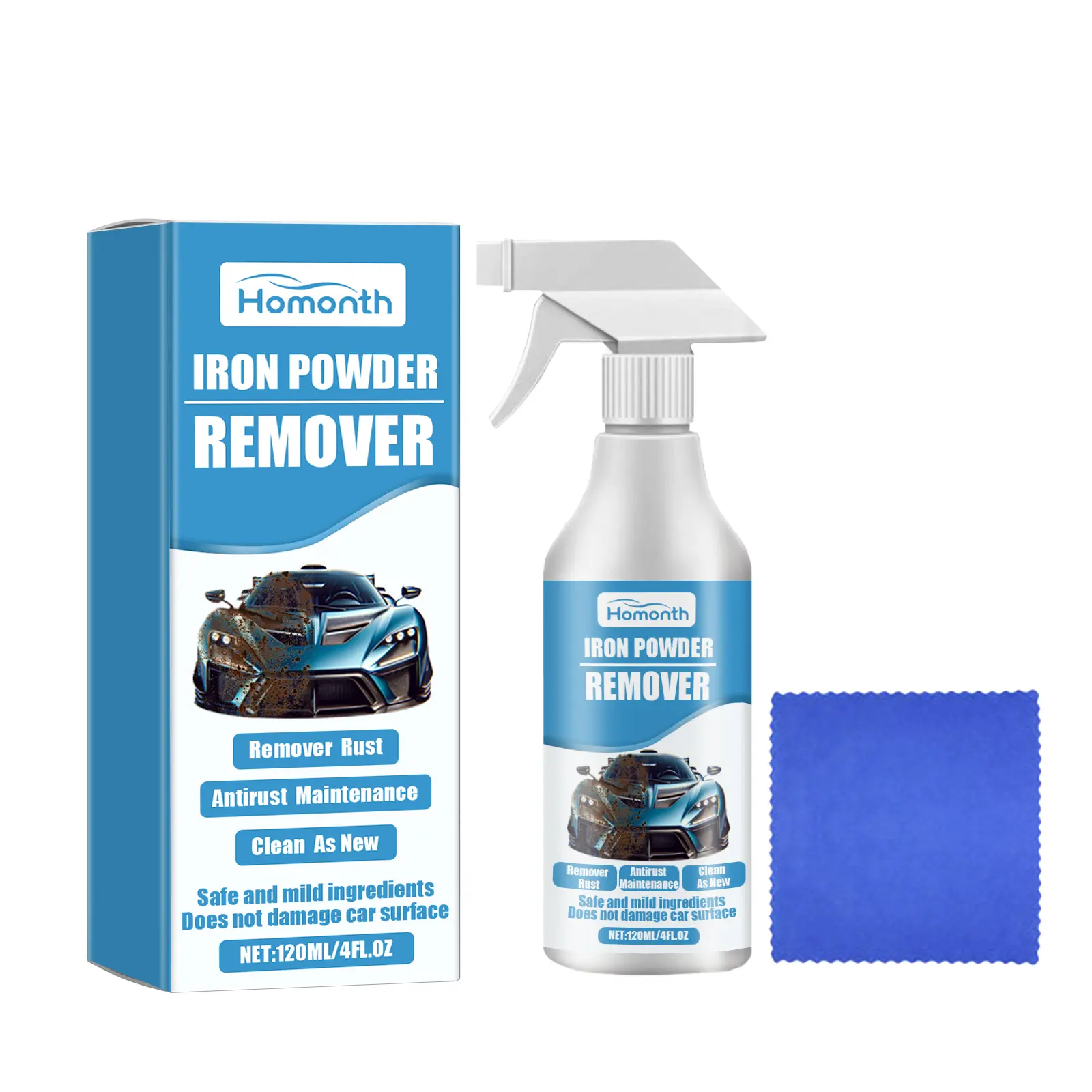 Homonth Mild Iron Removal & Surface Cleaner Spray (120ml/4fl.oz) - Spray Bottle, Microfiber Cloth, Included Tools DIY Kit for Painted Surfaces, Intact Clearcoat, Reduce Metal Particle Accumulation, Refresh Car Exterior, Decontaminate