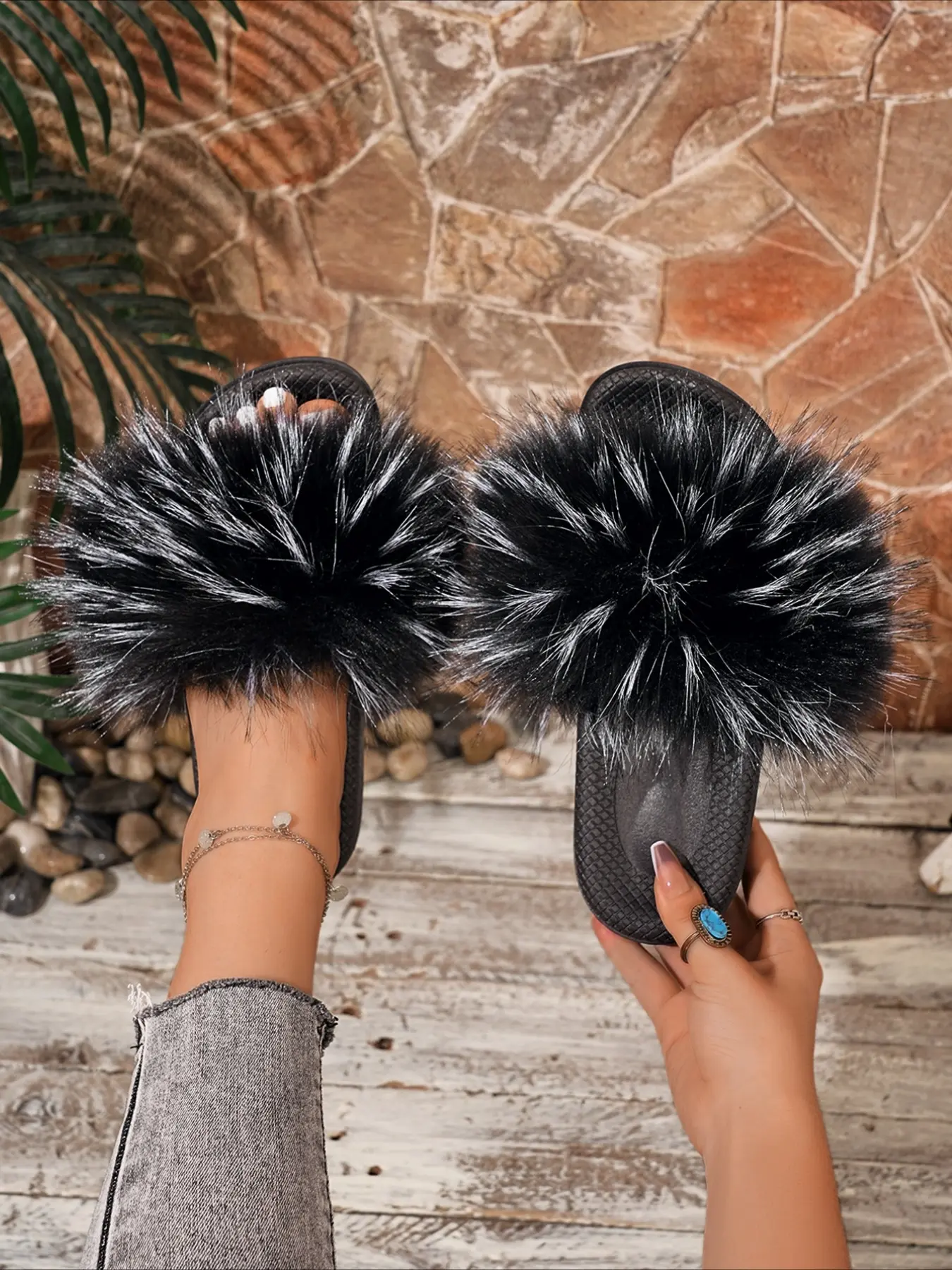 Fluffy fur slide sandals with soft flat sole multiple fur colors trendy for home and outdoor summer wear