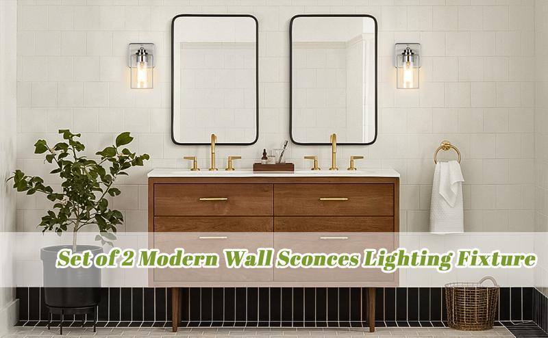 2Pcs Wall Sconces, Modern Wall Mount Vanity Light Fixtures, Farmhouse Wall Lamps with Clear Glass Shade for Bedroom Living Room Mirror Hallway Porch