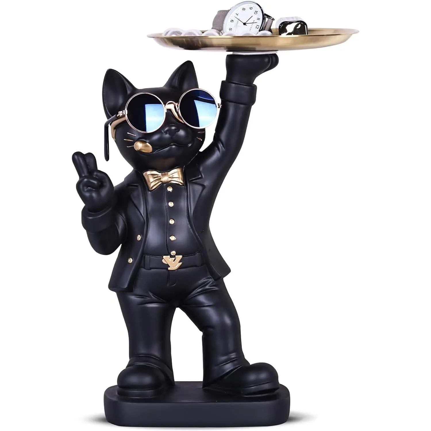 11.8" Tall Funny Black Cat Decor Sculpture Candy Dish - Cute Cat Statues with Storage Tray for Living Room, Key Dish Bowl for Entryway Table, Office, Candy Bowl, Gift for Cat Lovers (Black)