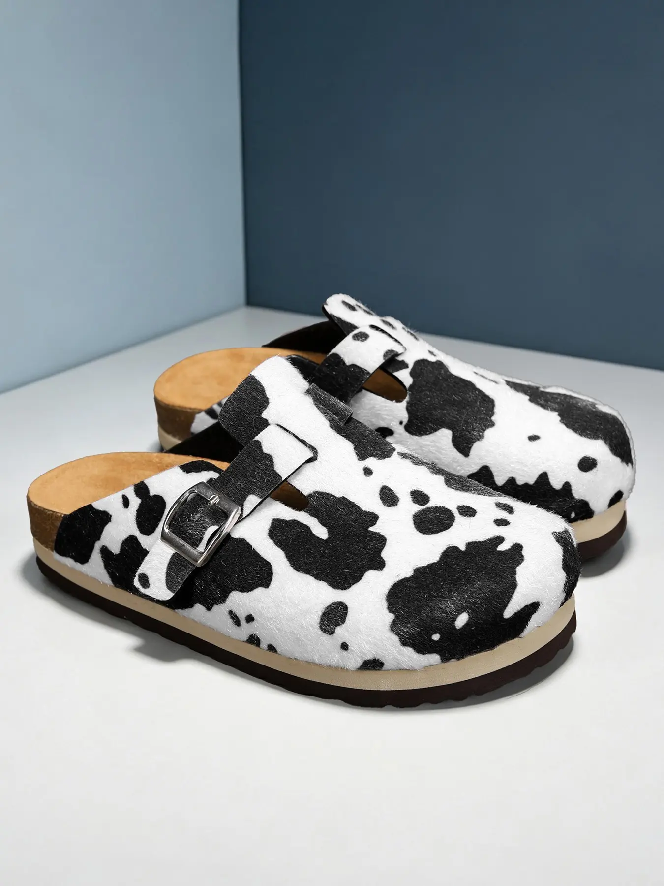 Cow Print Plush Slip-On Shoes, Adjustable Metal Buckle, Breathable Cork Insole, Non-Slip Sole, Trendy Streetwear, Three Colors Available, Adjustable Clogs