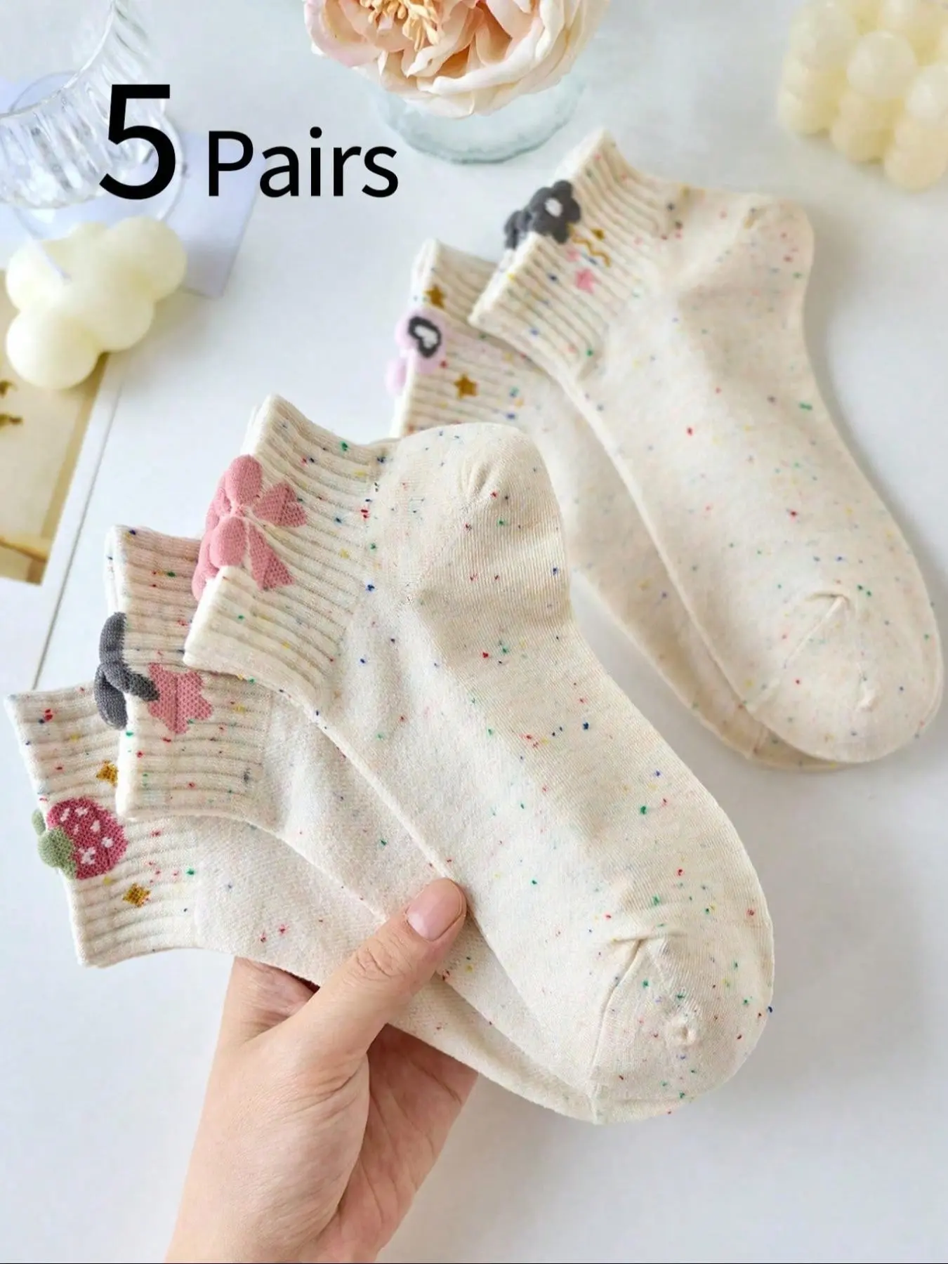 5 Pairs Teen Girls' Floral Strawberry Bow Ankle Socks, High Elastic Non-Irritating Short Socks, All Seasons, Ages 12-16