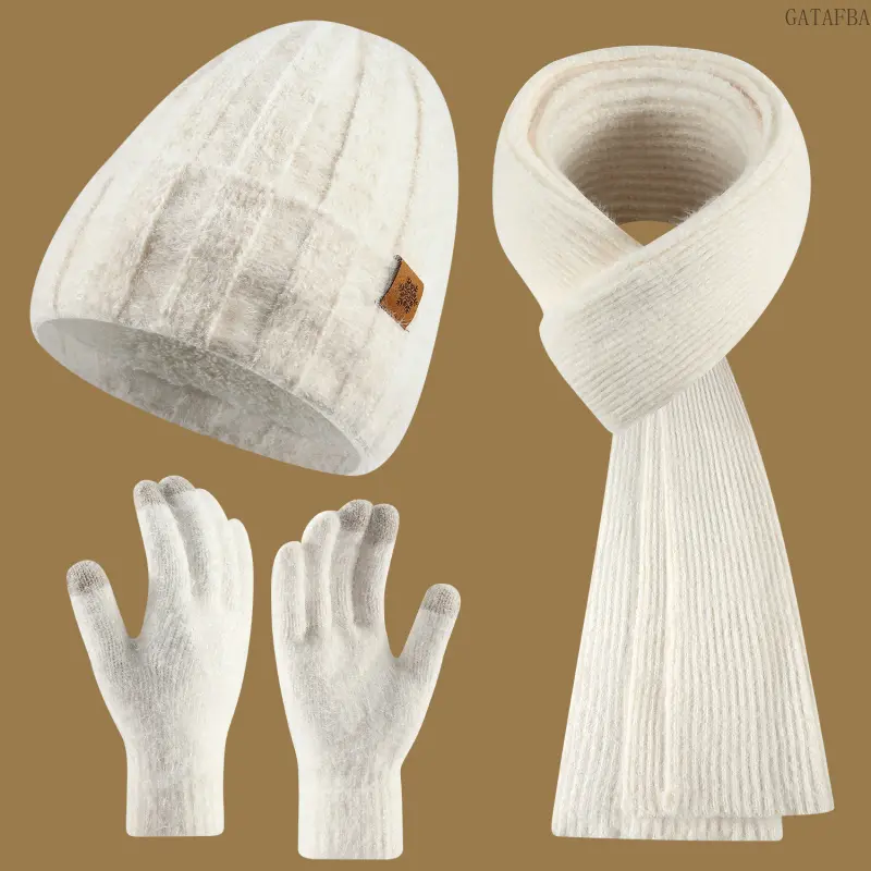 New Women's Winter 3‑Piece Knit Set, Thick Warm Beanie, Scarf and Gloves, Cozy Knitted Kit for Outdoor Cold‑Weather Wear