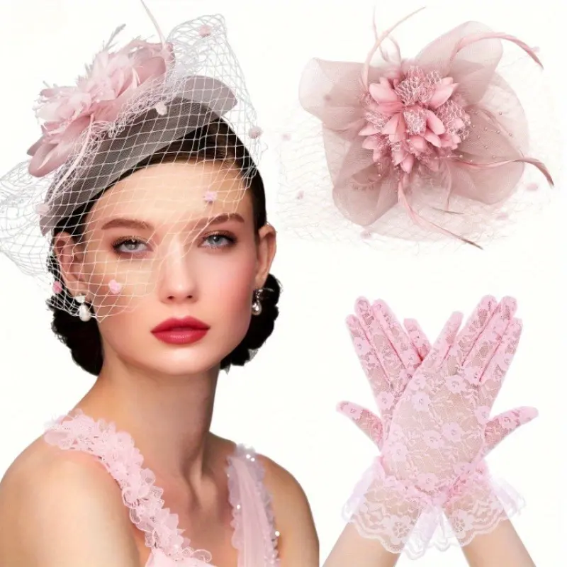 Women's 2-Piece Pink Fascinator Hat & Lace Gloves Set - Floral Mesh Birdcage Veil Headpiece, Breathable Fit, Set Includes Tea Party Accessory for Wedding Derby