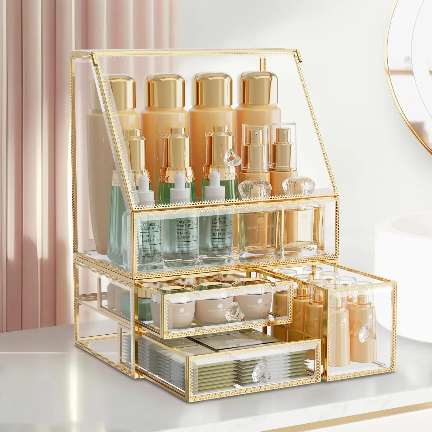 Glass Makeup Organizer for , Clear  Organizer with Drawer, Elegant Skincare Holder for Bathroom Countertop and Dresser