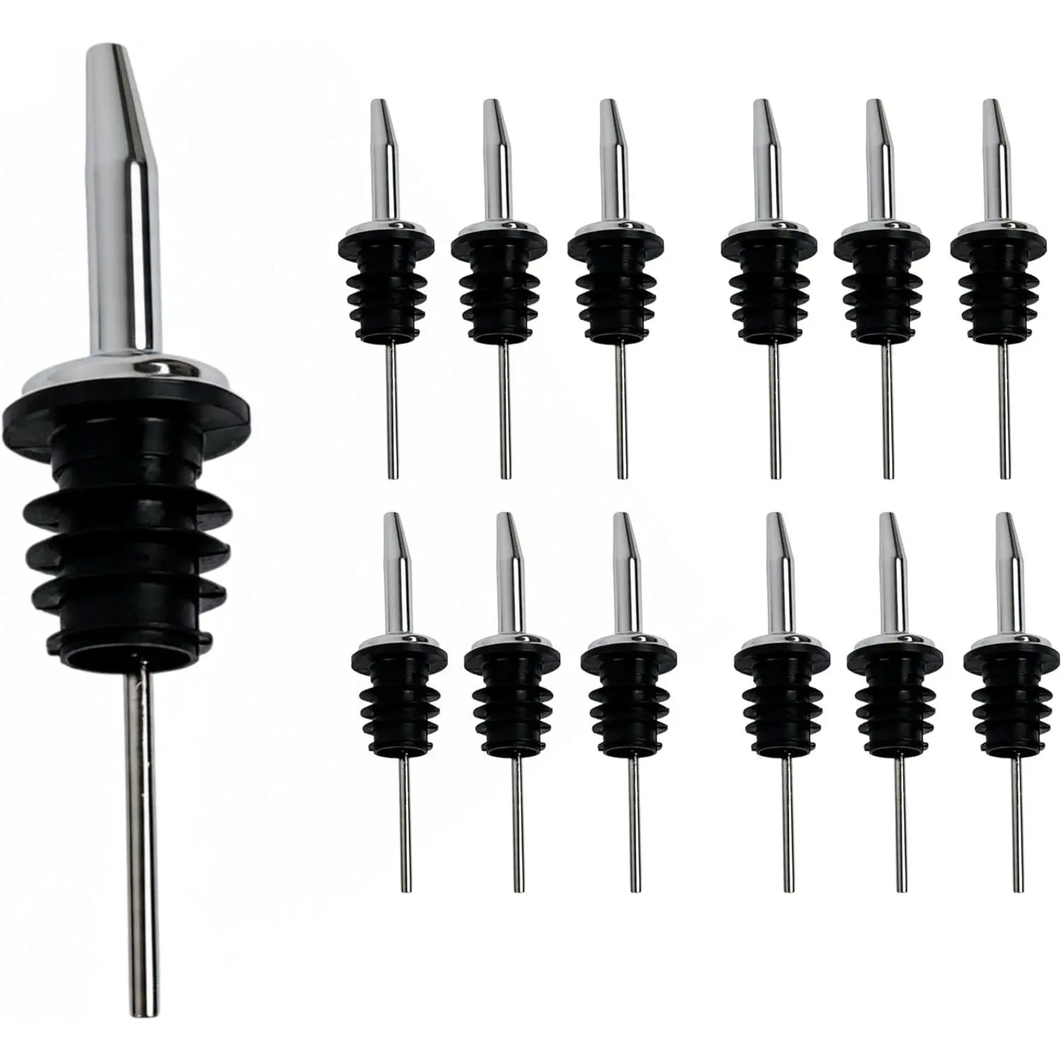 Chrome Tapered Liquor & Coffee Bottle Pourer Dispenser, 285-50 Size with Poly-Cork, Black/Silver, 12 Units