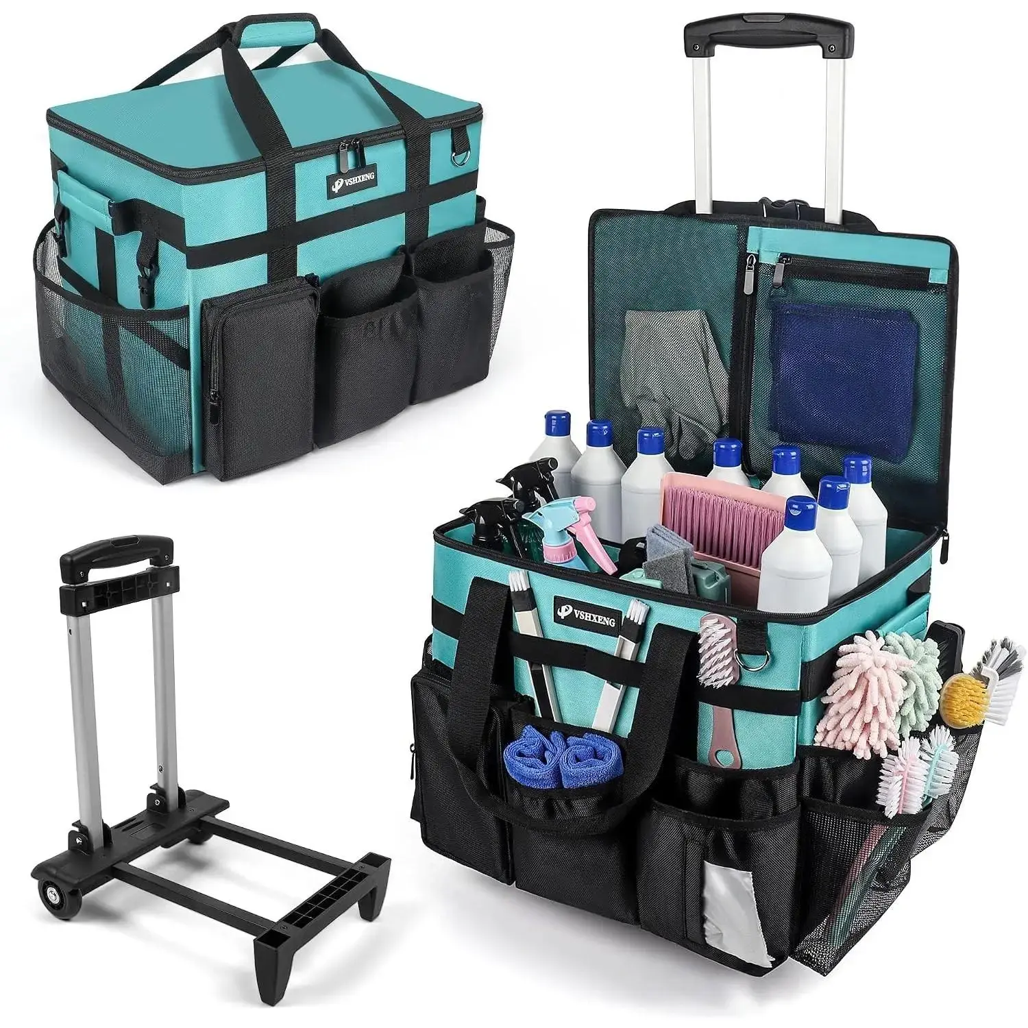 Rolling Cleaning Caddy Bag with Wheels, Large Cleaning Cart Detachable Trolley, Cleaning Bags for Housekeepers With Shoulder Strap & Multi Pockets for Cleaning Tools Storage (Amber Green)