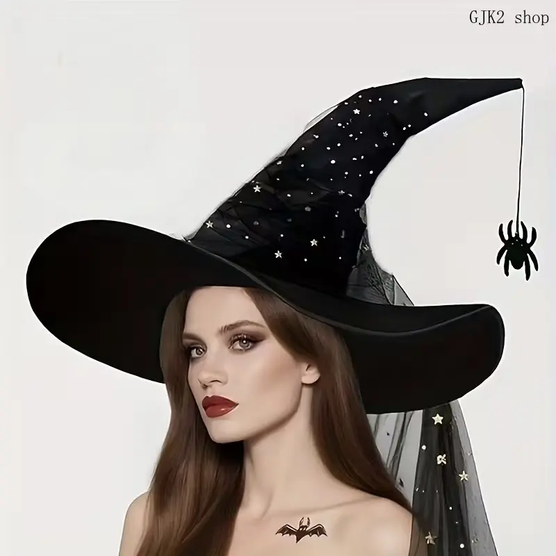 Women's Ruched Fabric Black Witch Hat, Wide-Brim Halloween Costume Accessory