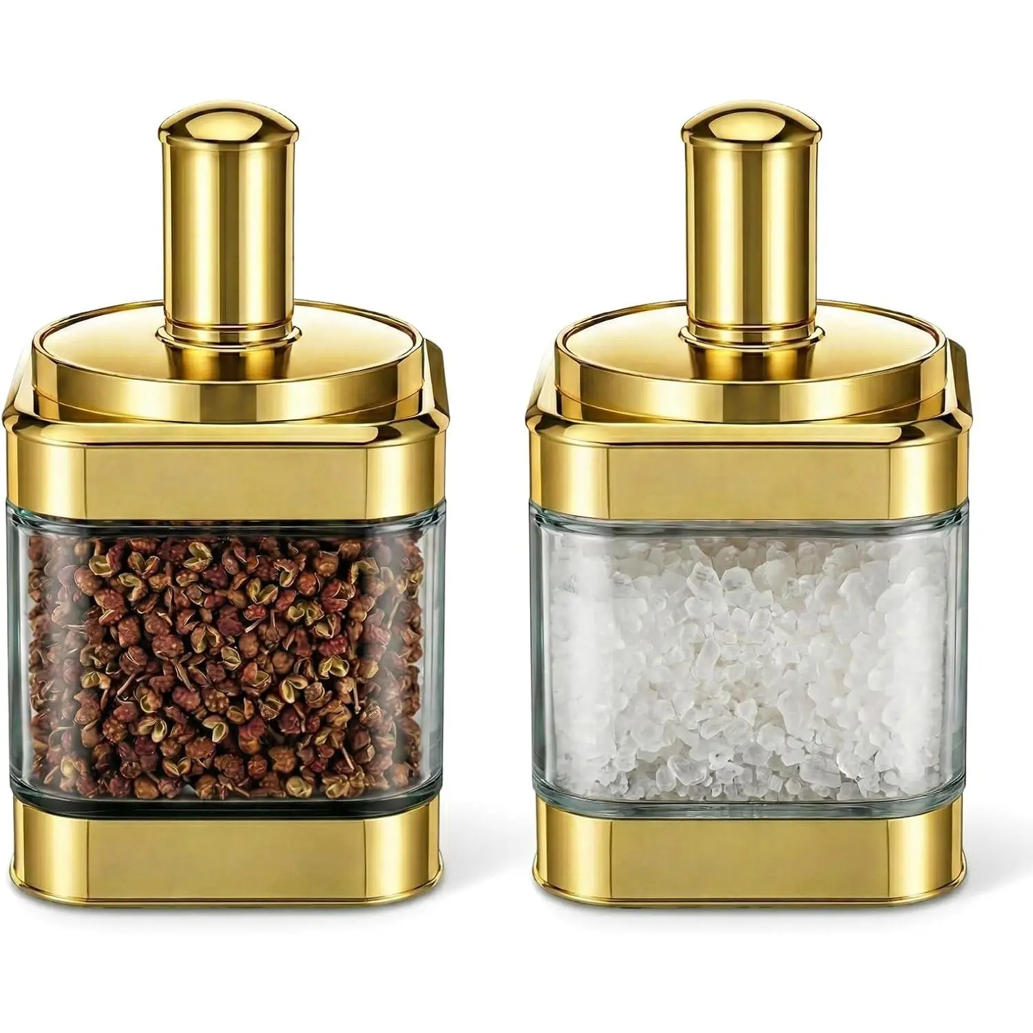 Modern 12oz Airtight Lid Glass Condiment Pot Set of 2 with Spoons, Kitchen Counter Home Storage Jars for Salt, Sugar, Flour Dispensing, Airtight Lids