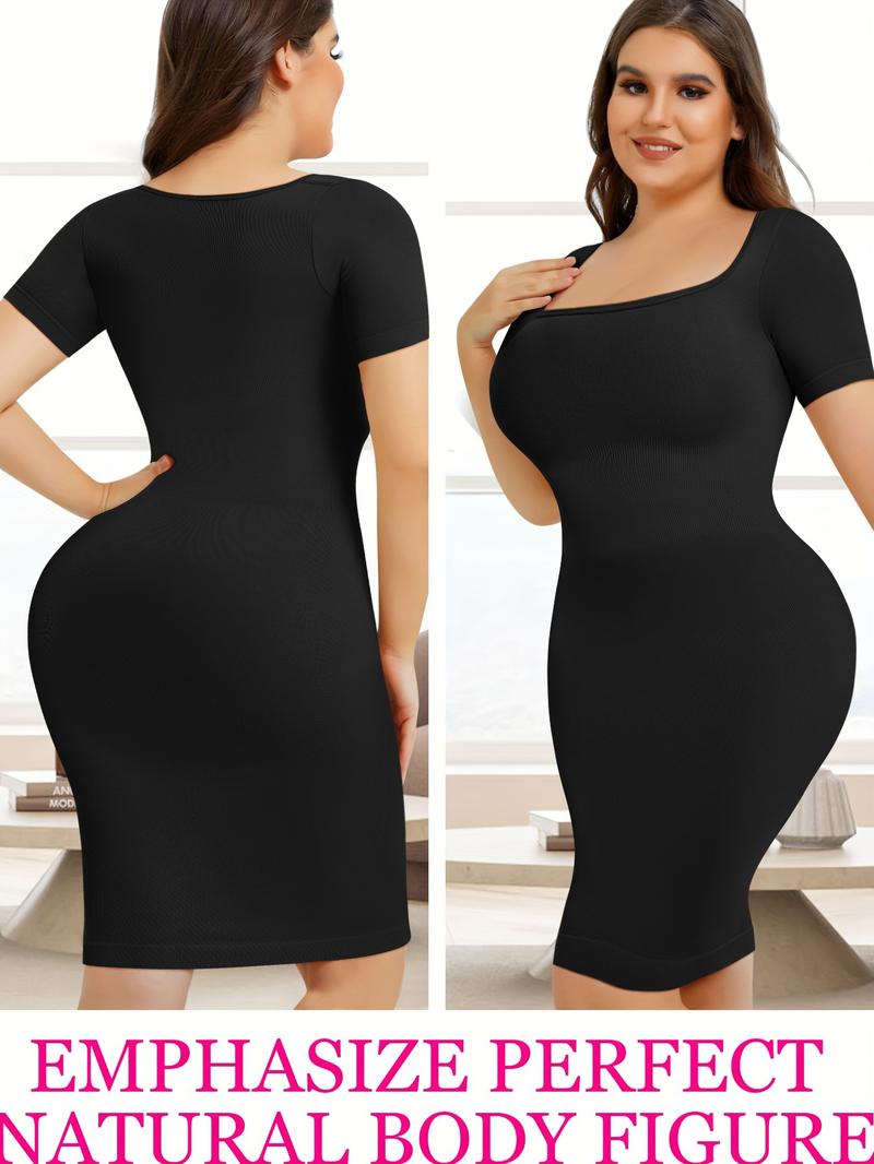Women's High Elastic Bodycon Dress Short Sleeve Mid-Length Shapewear, Casual Slim Fit Skirt for All Seasons, Kardashian Style