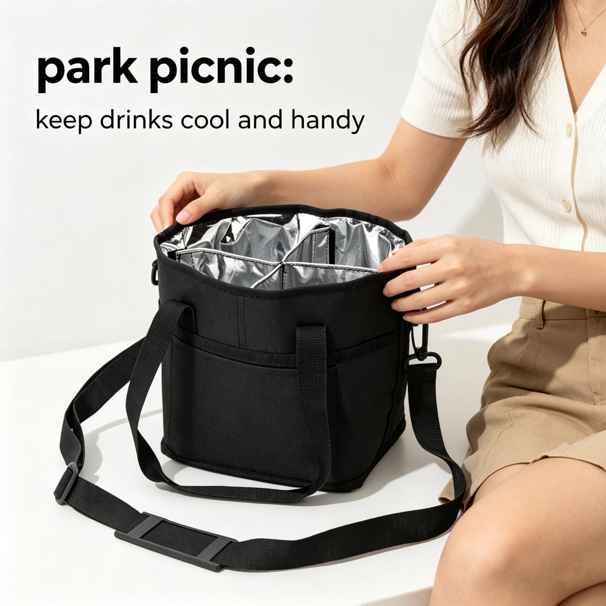 Portable Foldable 4-Pocket Water Bottle Carrier Bag with Adjustable Strap Detachable Hook-and-Loop Divider Heavy-Duty Nylon Ultra-Lightweight Compact for Car Travel Beach Picnics Outdoor Straw Accessories Classic Black Lake Blue Heather Dark Gray