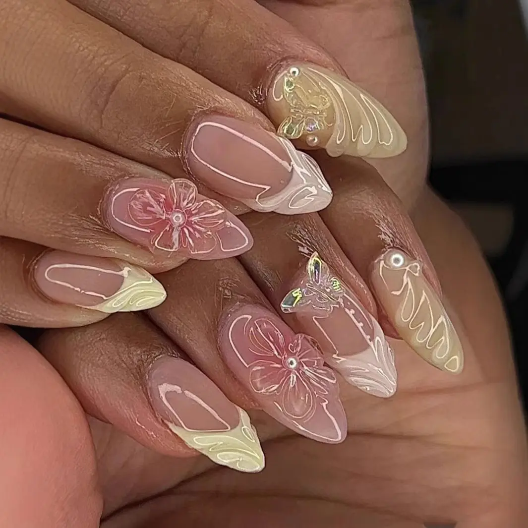 Sheer Nude 3D Embossed Daisy Butterfly Almond Press On Nails Soft Minimalist Hand Painted Fake Nails Wedding Daily