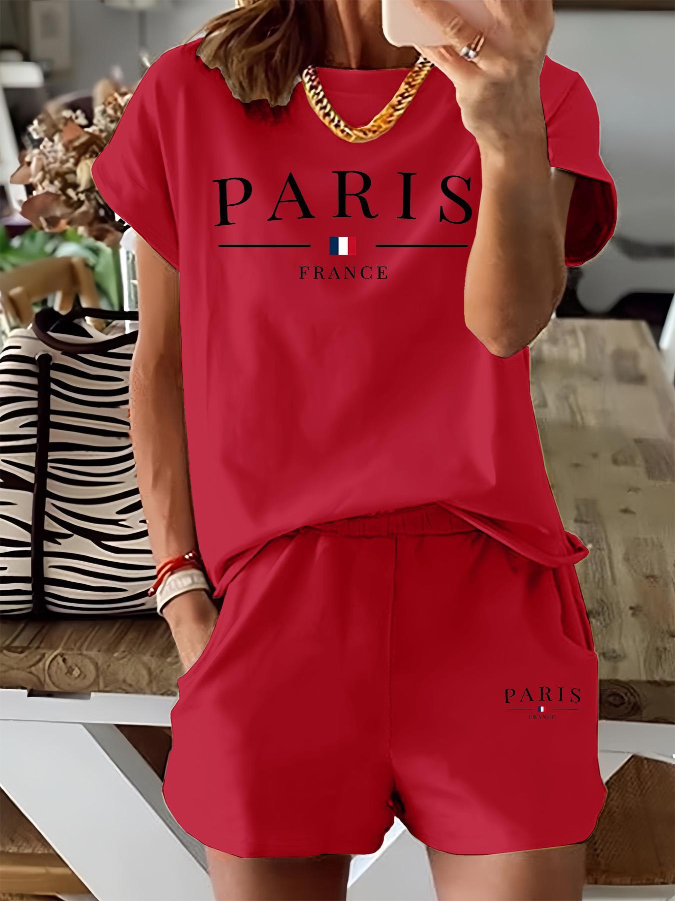 Women's Letter & Flag Print Two-piece Set, Casual Matching Set, Short Sleeve Tee & Elastic Waist Shorts Set, Casual Round Neck T-shirt & Pocket Shorts for Summer, Ladies Clothes for Daily Wear