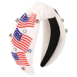 4th of July Headbands for Women American Flag Knotted Headband USA Flag Accessories Handmade Beaded Rhinestone Star Headbands for Women Girls Sparkle Patriotic Hair Accessories